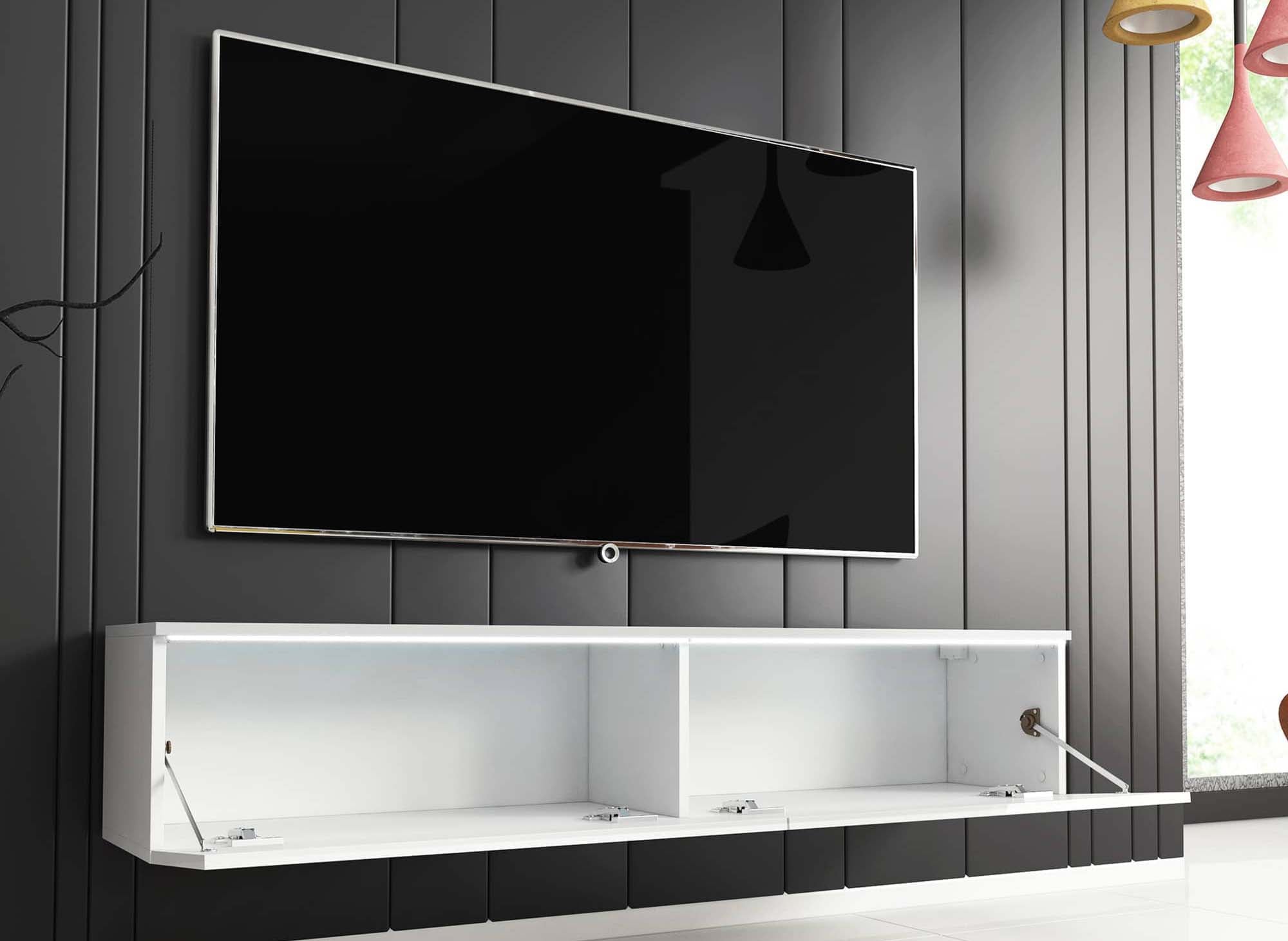 Moderner weiß lackierter TV-Schrank mit LED 2 Türen MALORIE - 140 cm