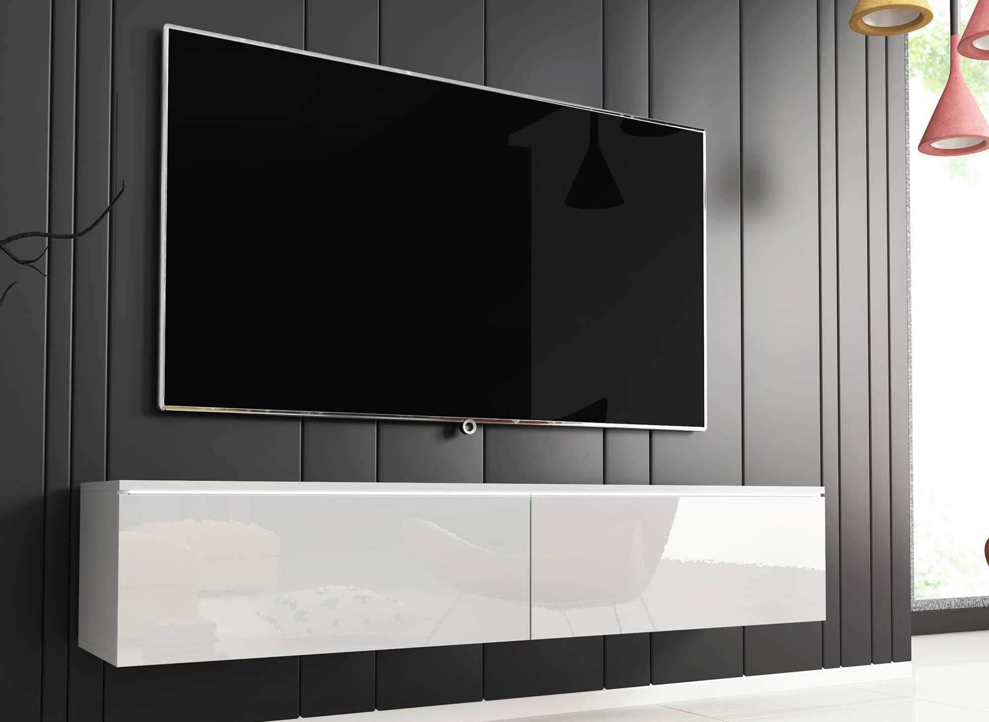 Moderner weiß lackierter TV-Schrank mit LED 2 Türen MALORIE - 140 cm