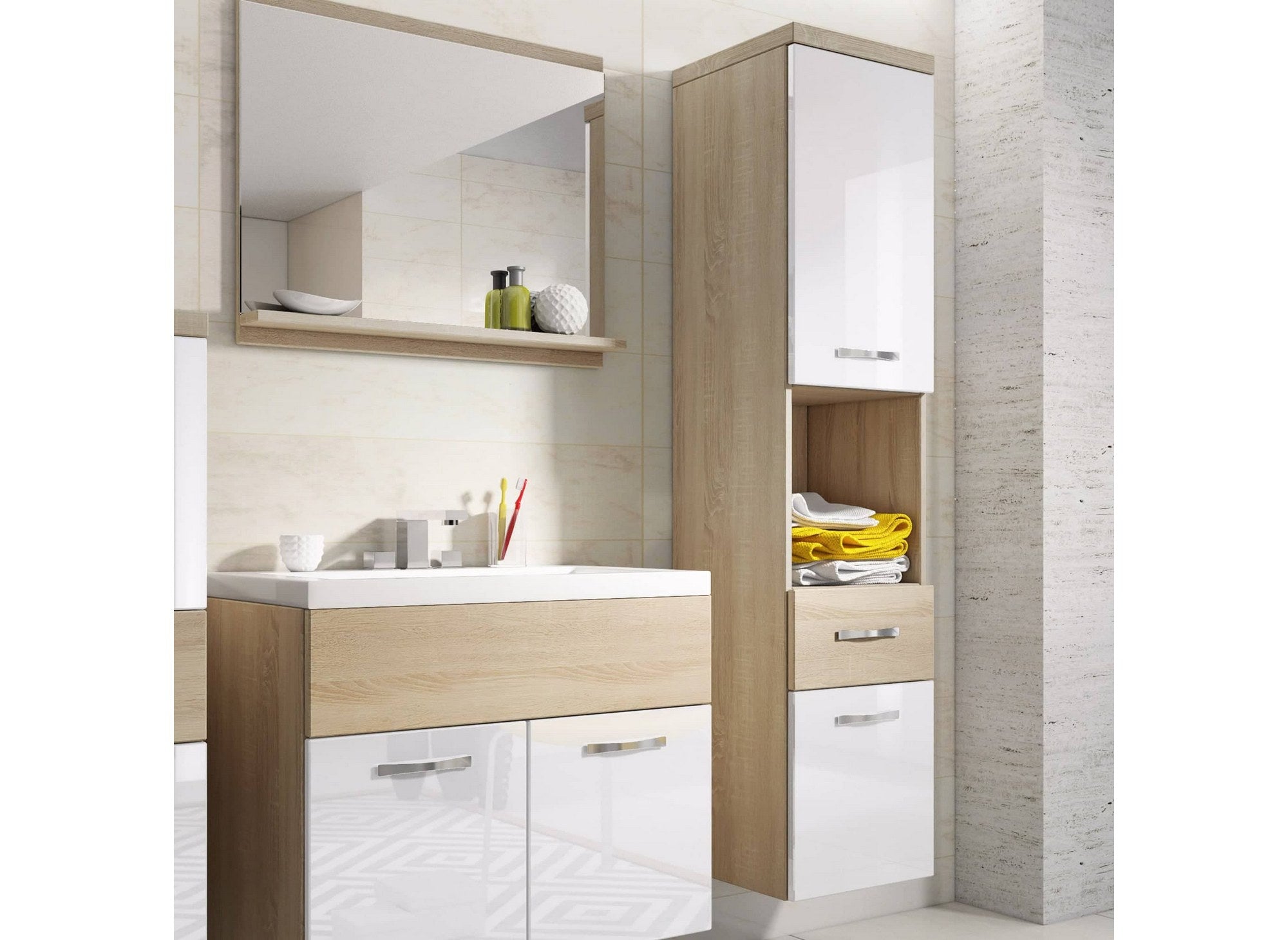 Shelby Wandmontiertes Badezimmermöbel-Set - Holz und Weiß