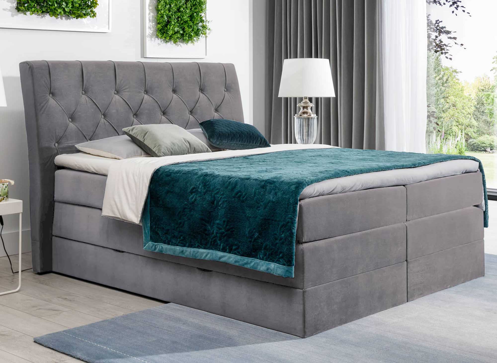 MIRANDA graues Samt-Boxspringbett 160x200 mit Stauraum