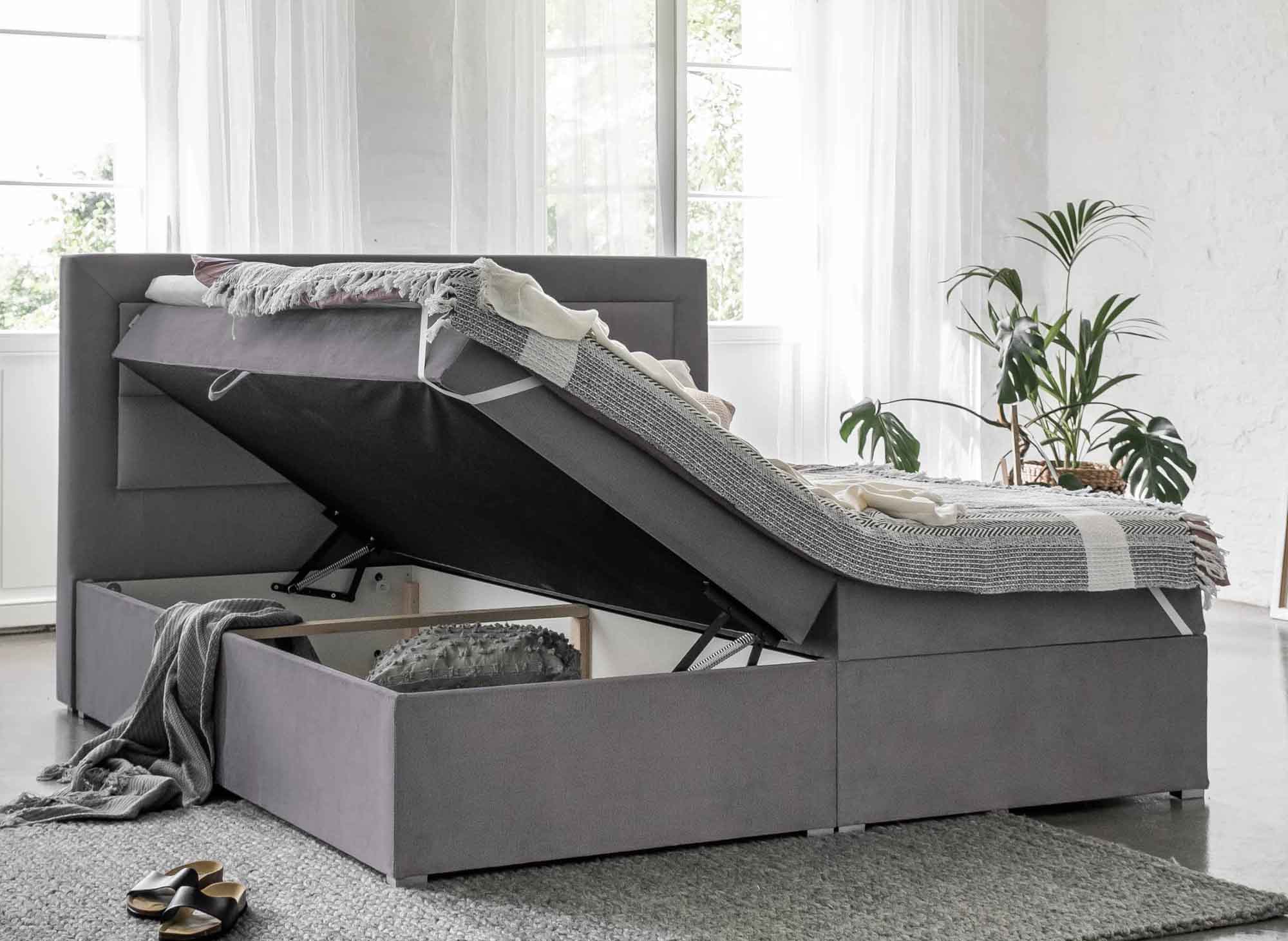 DAKOTA graues Samt-Boxspringbett 160x200 mit Stauraum