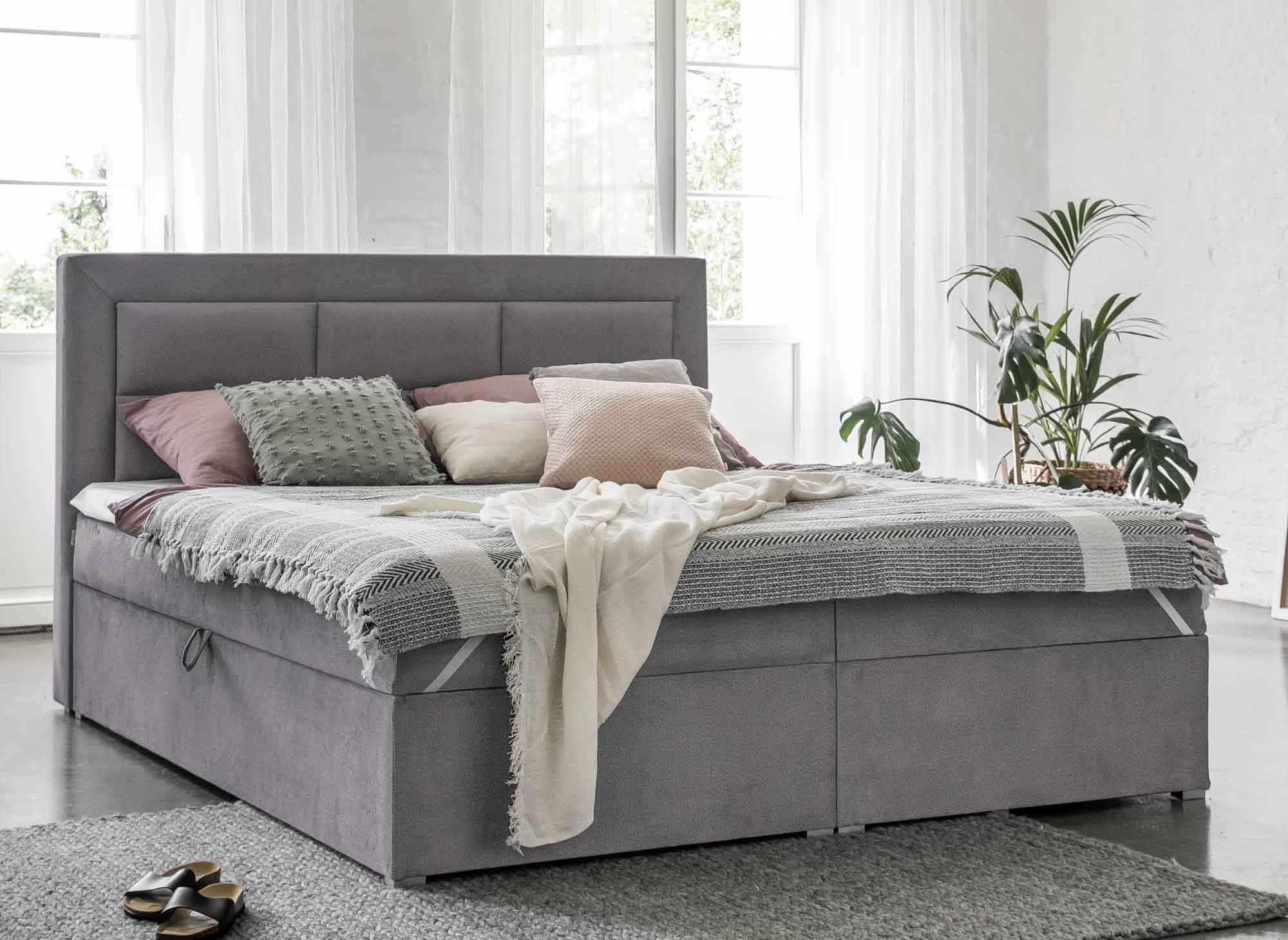 DAKOTA graues Samt-Boxspringbett 160x200 mit Stauraum