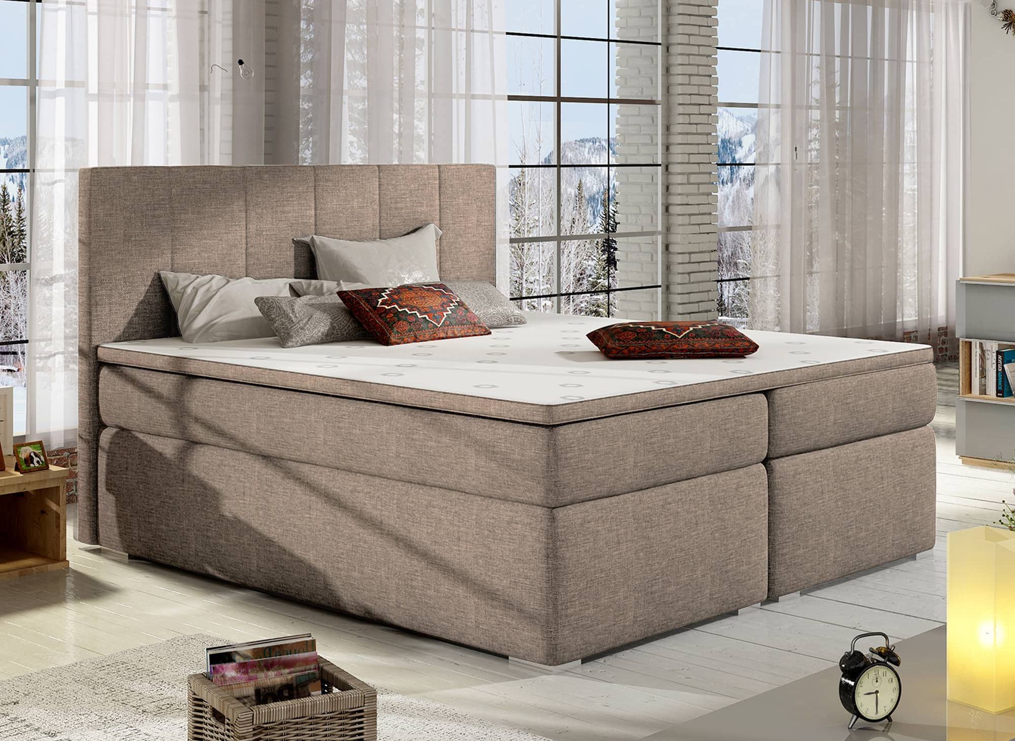 Boxspringbett 160x200 mit Stauraum in mokkabeigem Stoff - AKADIA
