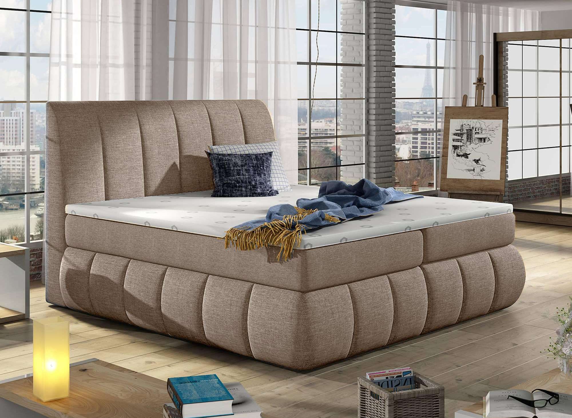 Boxspringbett 160x200 mit Stauraum in mokkabeigem Stoff - VALERIA
