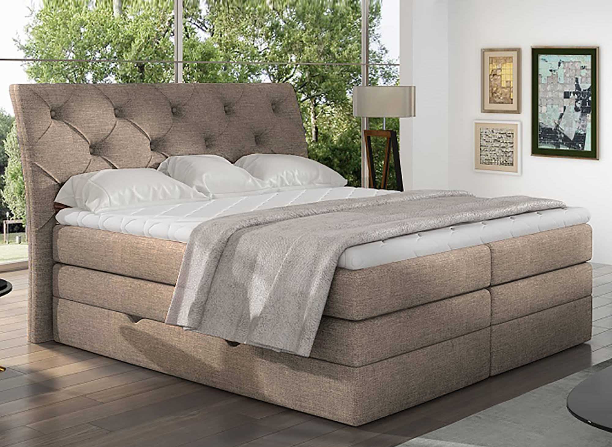 MIRANDA beiges Stoff-Boxspringbett 180x200 mit Bettkasten