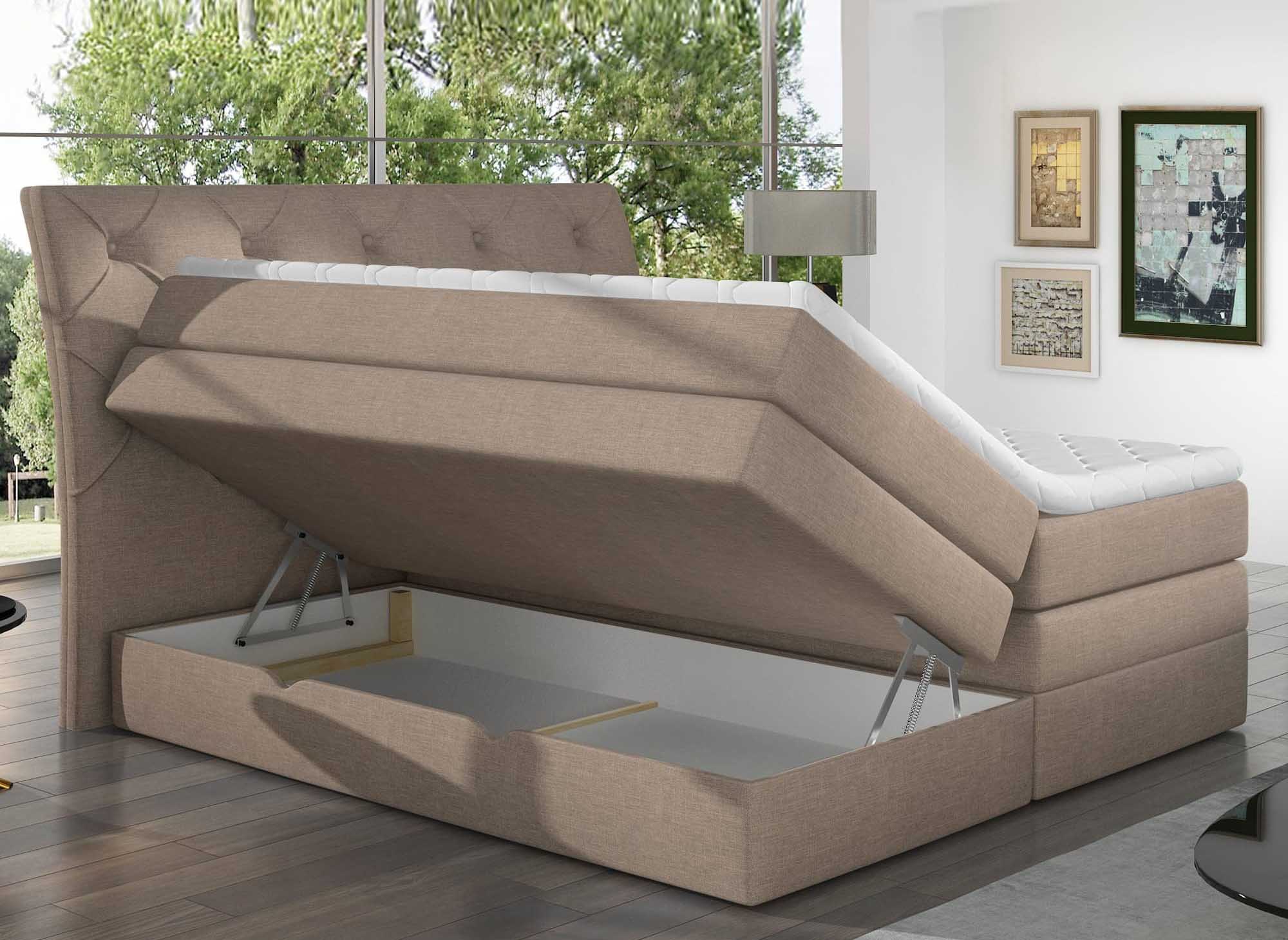 MIRANDA beiges Stoff-Boxspringbett 180x200 mit Bettkasten