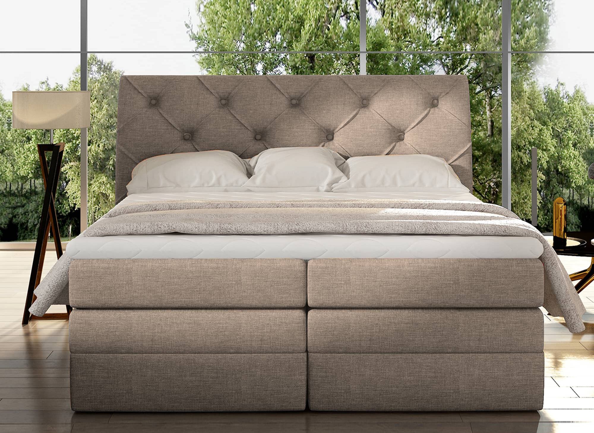 MIRANDA beiges Stoff-Boxspringbett 180x200 mit Bettkasten