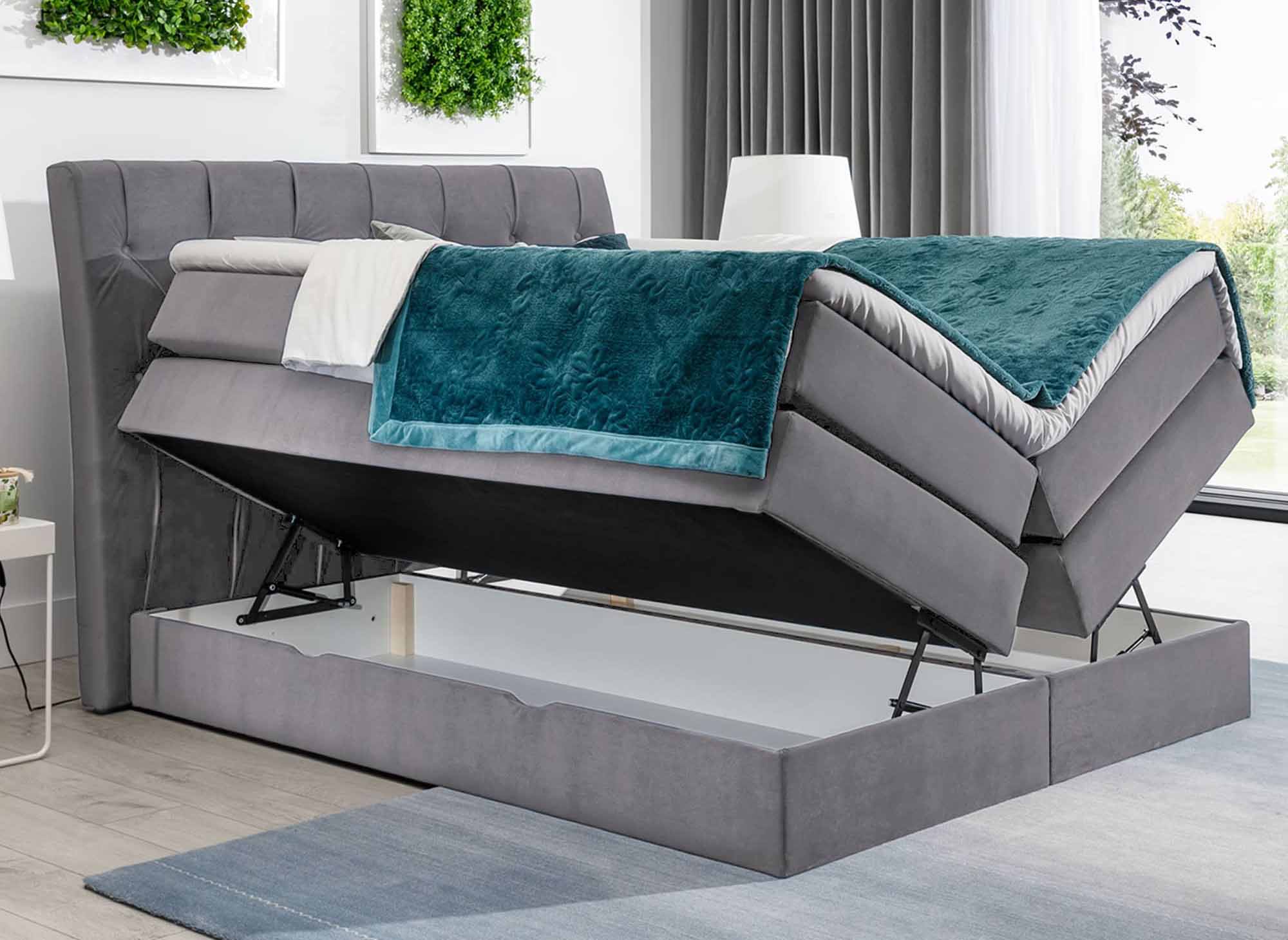 MIRANDA graues Samt-Boxspringbett 160x200 mit Stauraum