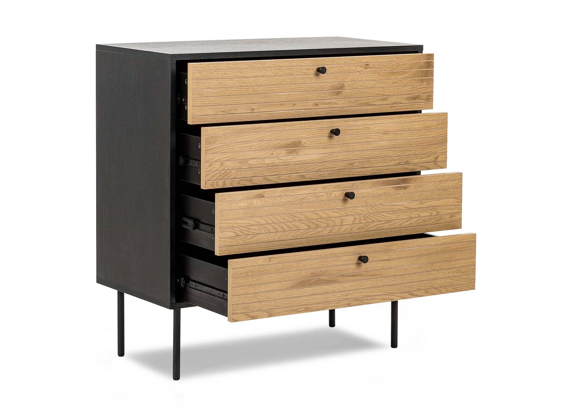 DARYL niedrige Kommode mit 4 Schubladen aus Holz und schwarzem Metall