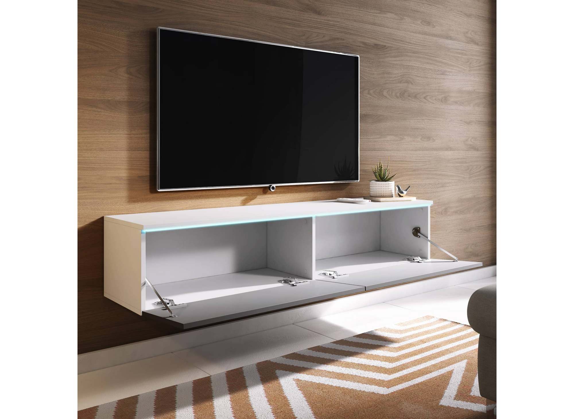Moderner grau-weiß lackierter TV-Schrank mit LED 2 Türen MALORIE - 140 cm