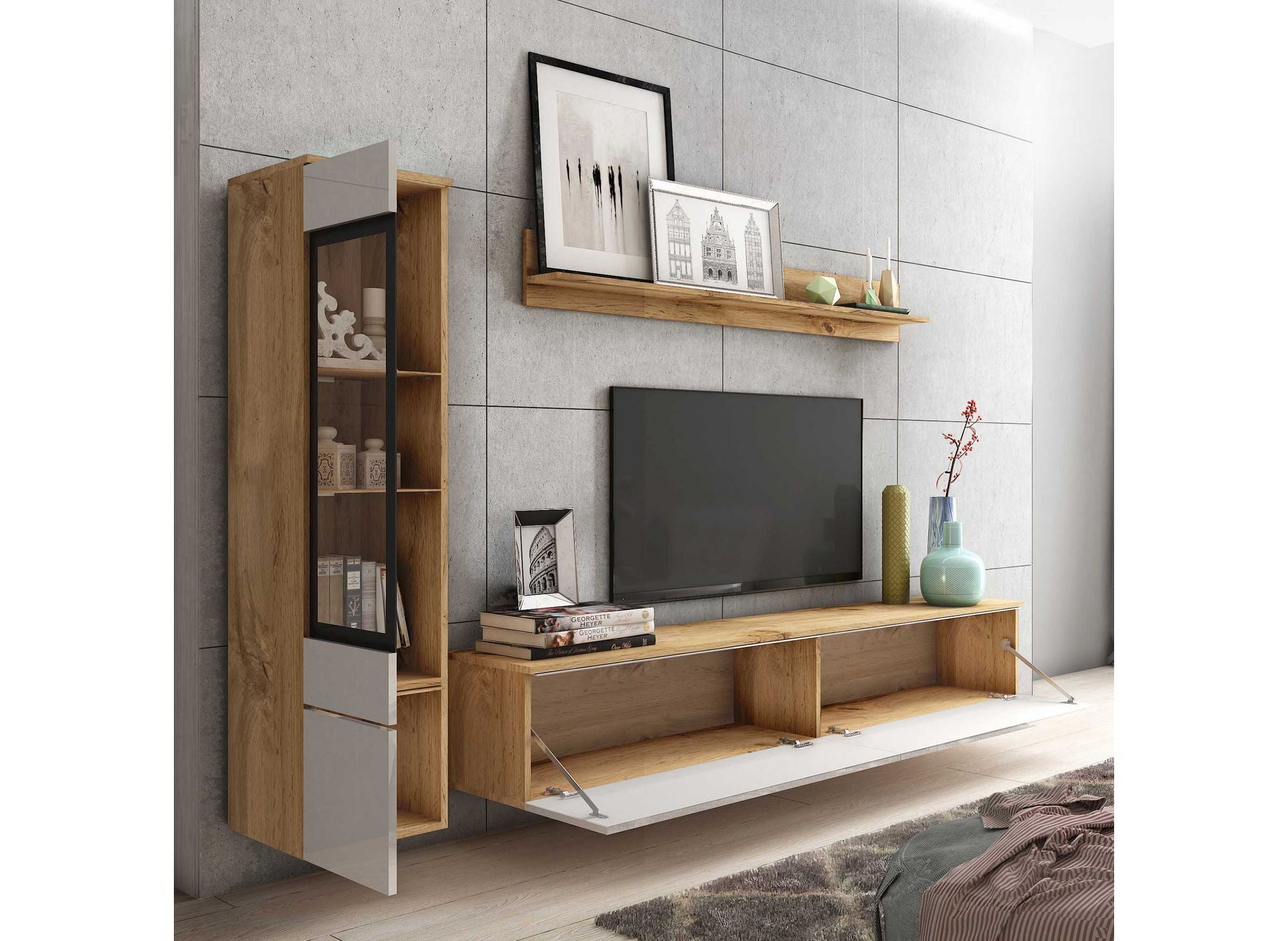 Moderner TV-Schrank aus Eiche und weiß lackiert mit LED - VERONICA