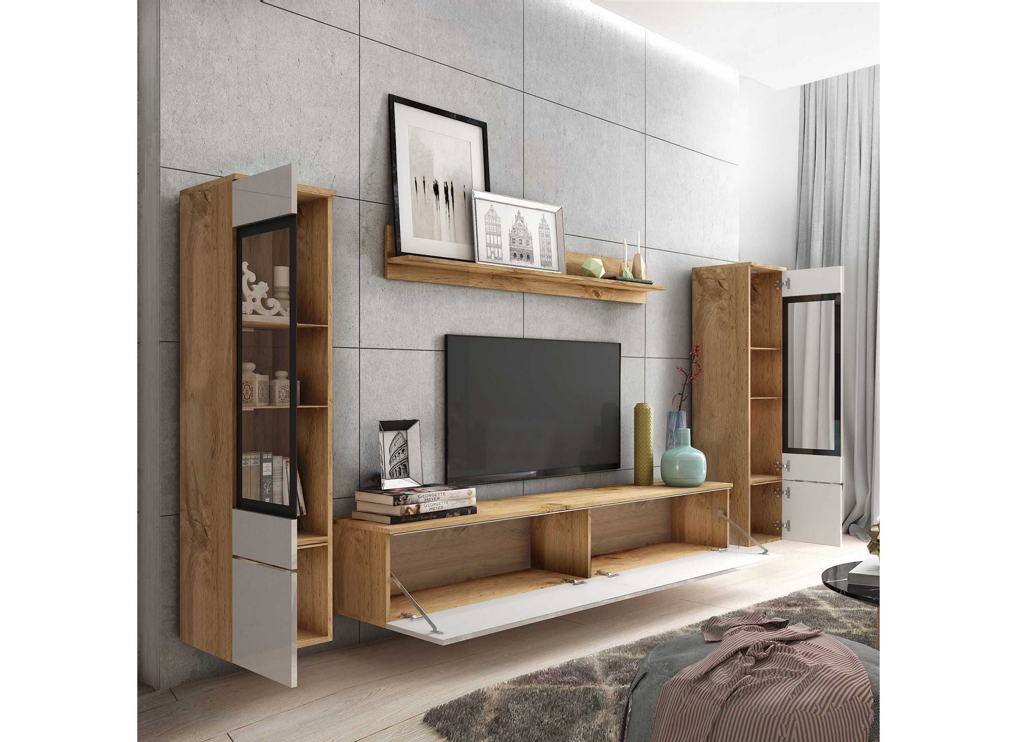 Moderner TV-Schrank aus Eiche und weiß lackiert mit LED - VERONICA XL