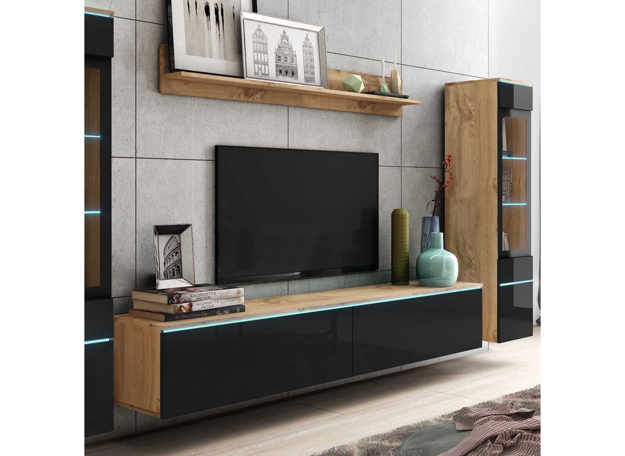 Moderner TV-Schrank aus Eiche und Schwarzlack mit LED - VERONICA XL