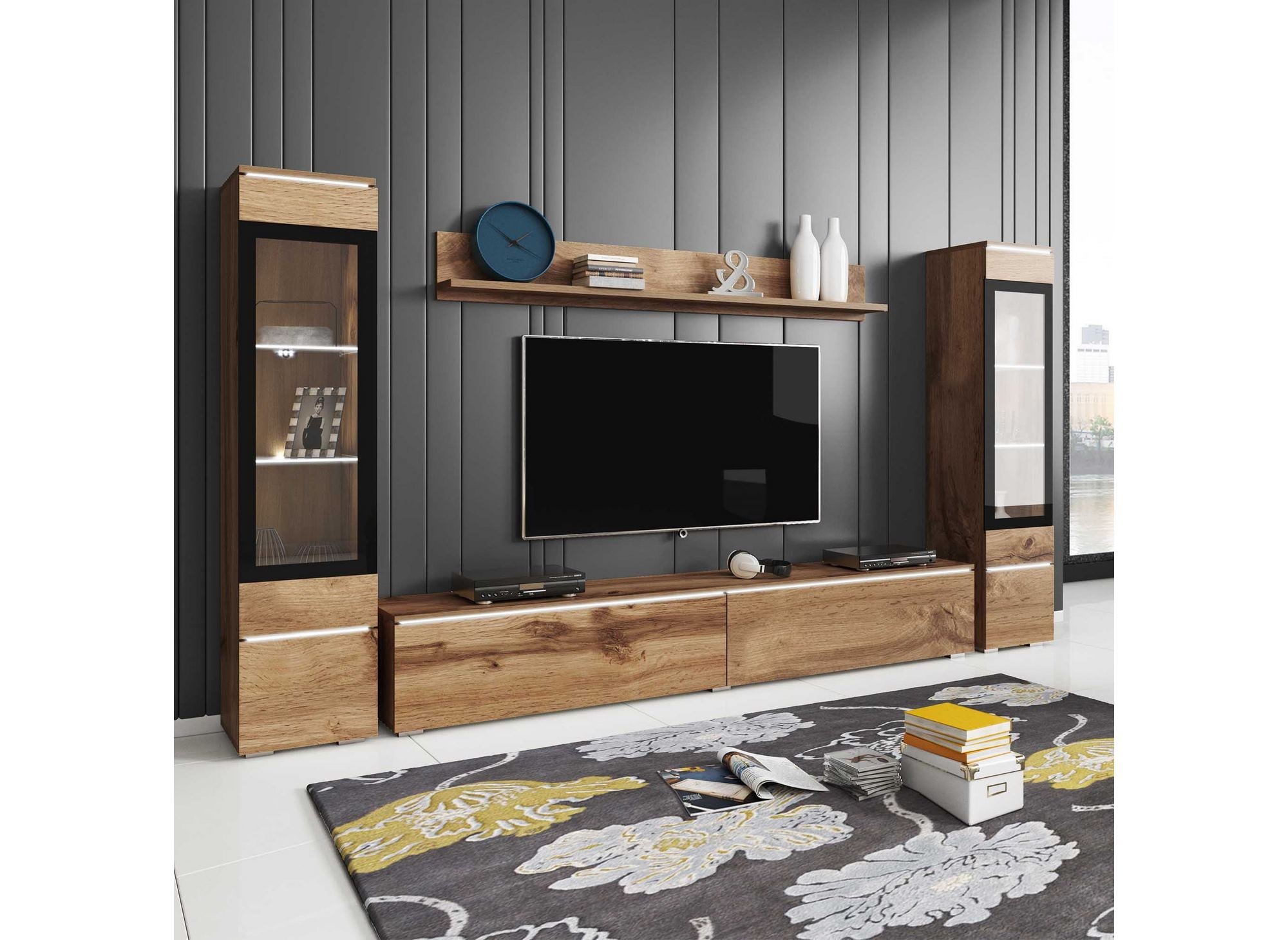 Moderner TV-Ständer aus gealterter Eiche mit LEDs - VERONICA XL