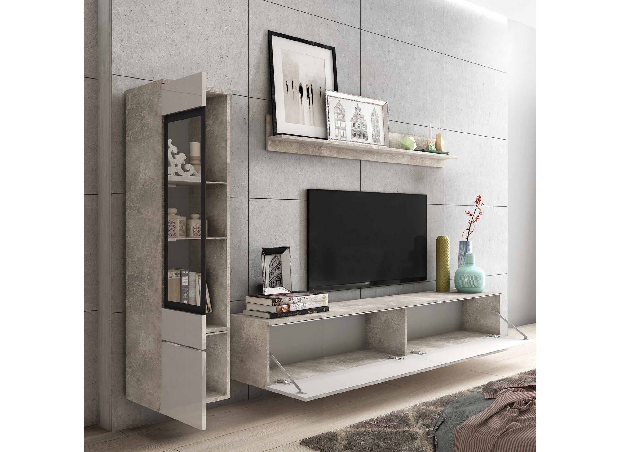 Zeitgenössischer TV-Schrank in Betongrau und Weißlack mit LED – VERONICA