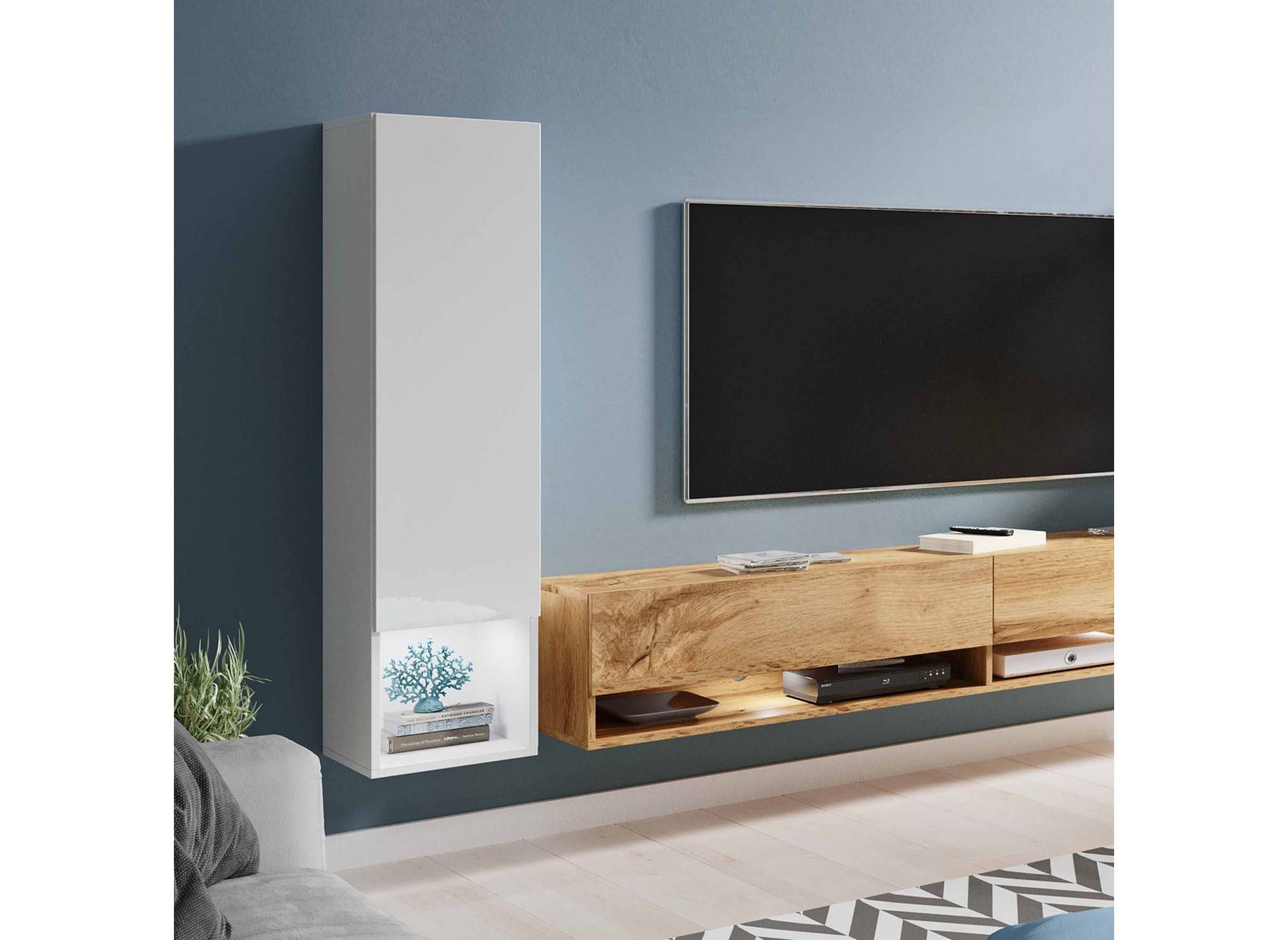 Moderner TV-Schrank aus Eiche und weiß lackiert mit LED - AMANDA