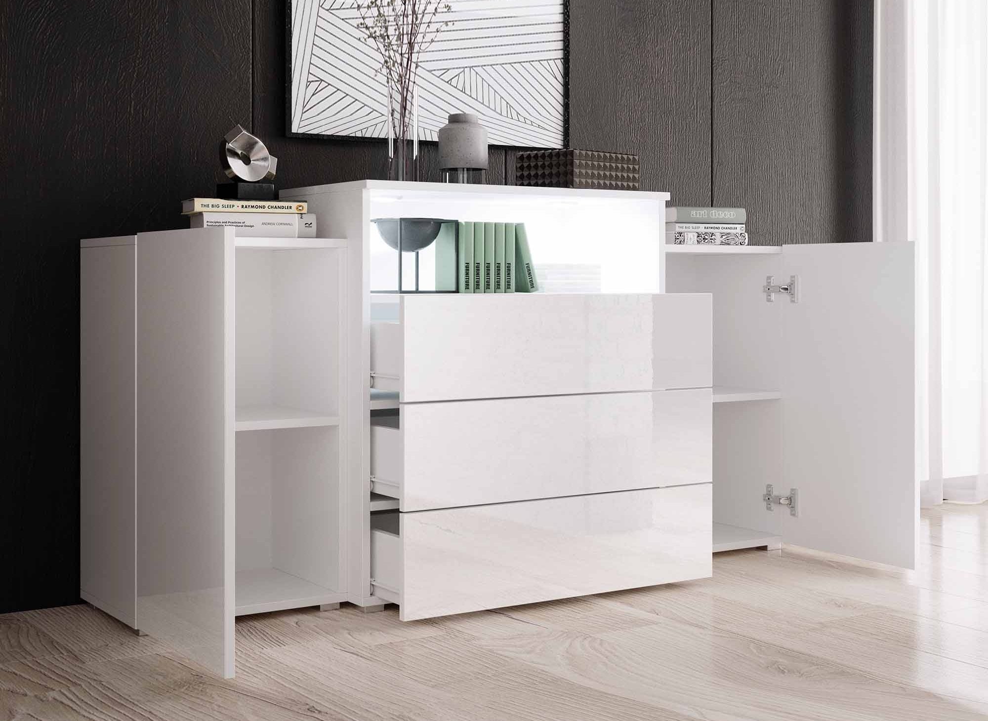 2-türiges, 3-schubladeniges weiß lackiertes Sideboard mit LEDs - MARCEL