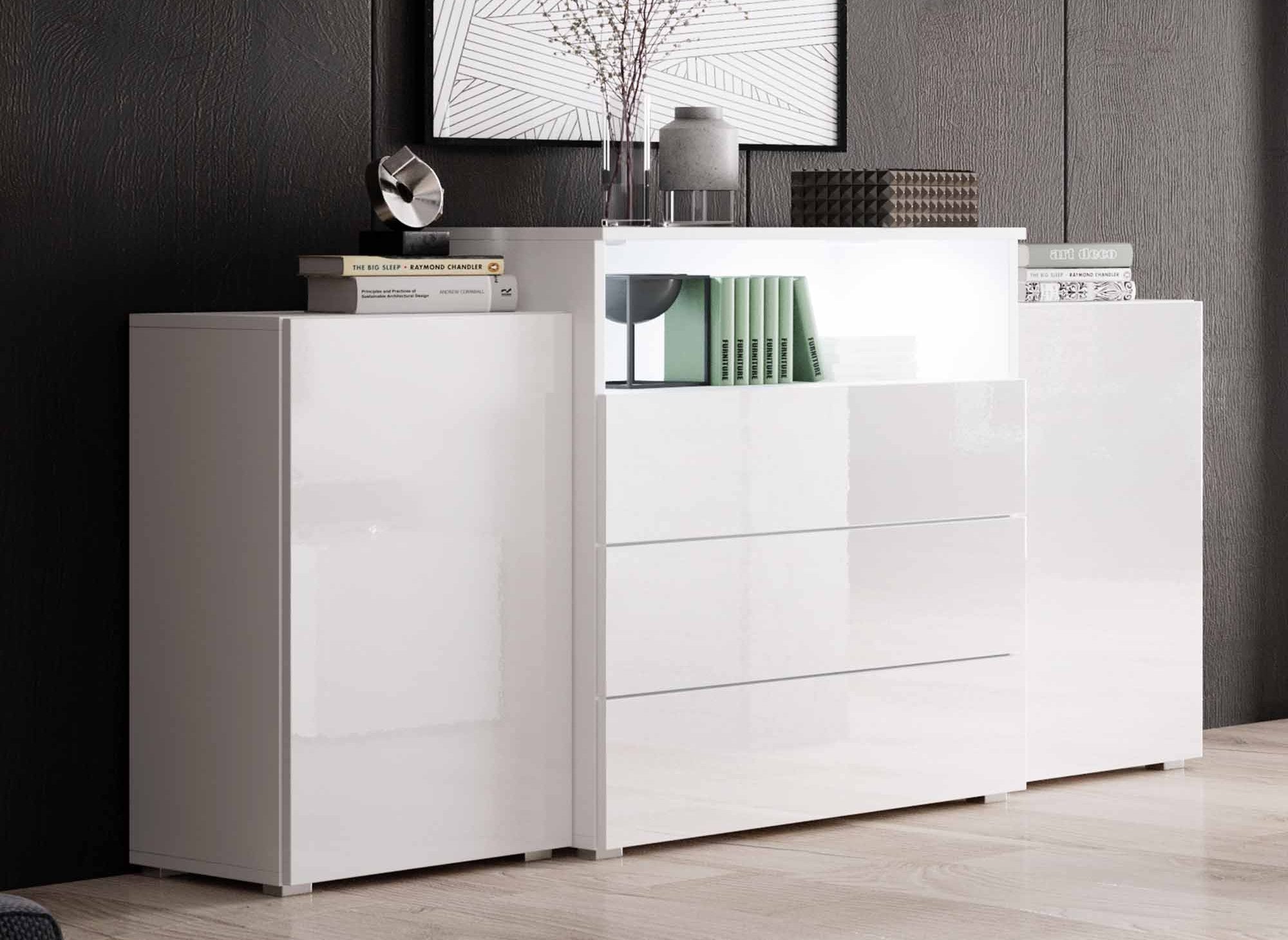 2-türiges, 3-schubladeniges weiß lackiertes Sideboard mit LEDs - MARCEL