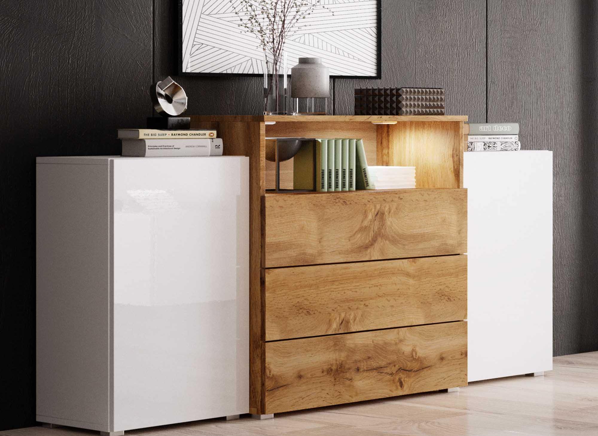 MARCEL Sideboard mit 2 Türen, 3 Schubladen, Weiß und Holz, mit LED-Beleuchtung