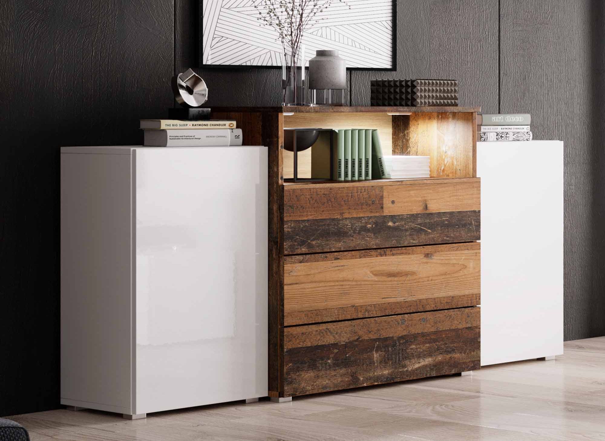 Sideboard mit 2 Türen, 3 Schubladen aus weißem und gealtertem Eichenholz mit LEDs - MARCEL