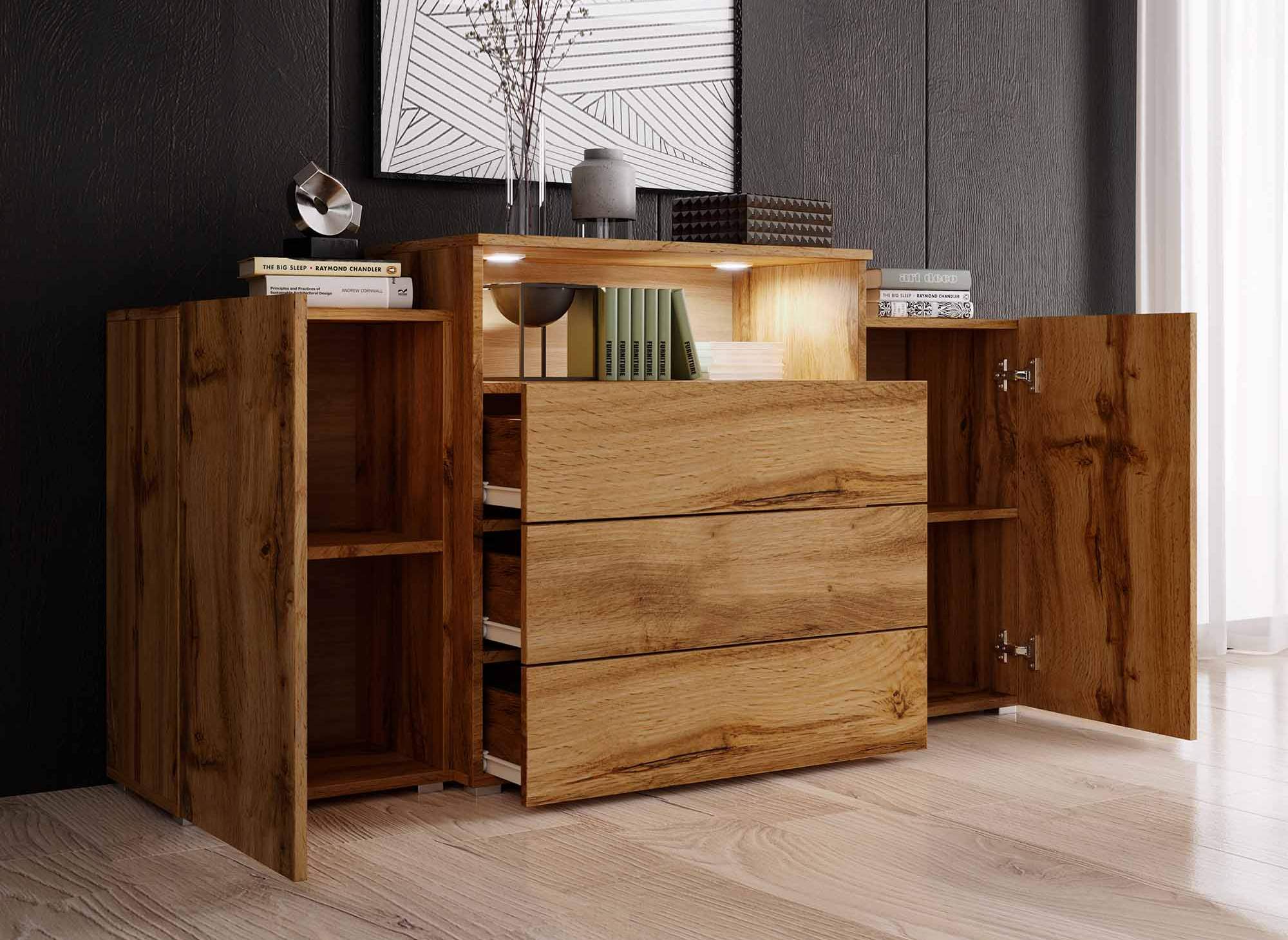 Sideboard aus Eiche mit 2 Türen und 3 Schubladen und LEDs - MARCEL