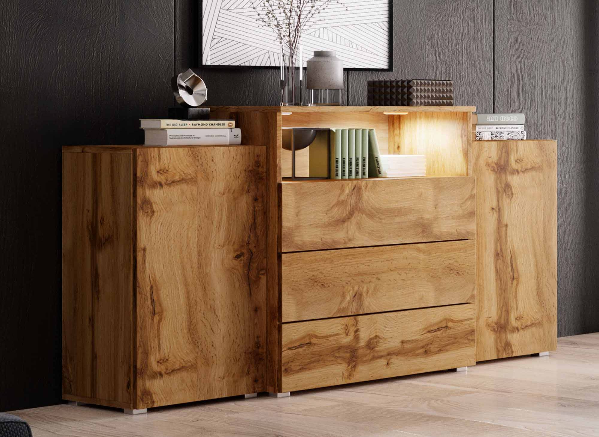 Sideboard aus Eiche mit 2 Türen und 3 Schubladen und LEDs - MARCEL