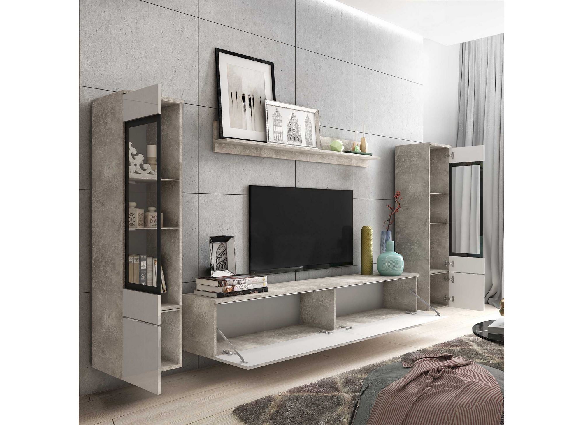 Moderner TV-Ständer mit LED in Betongrau und Weiß lackiert – VERONICA XL