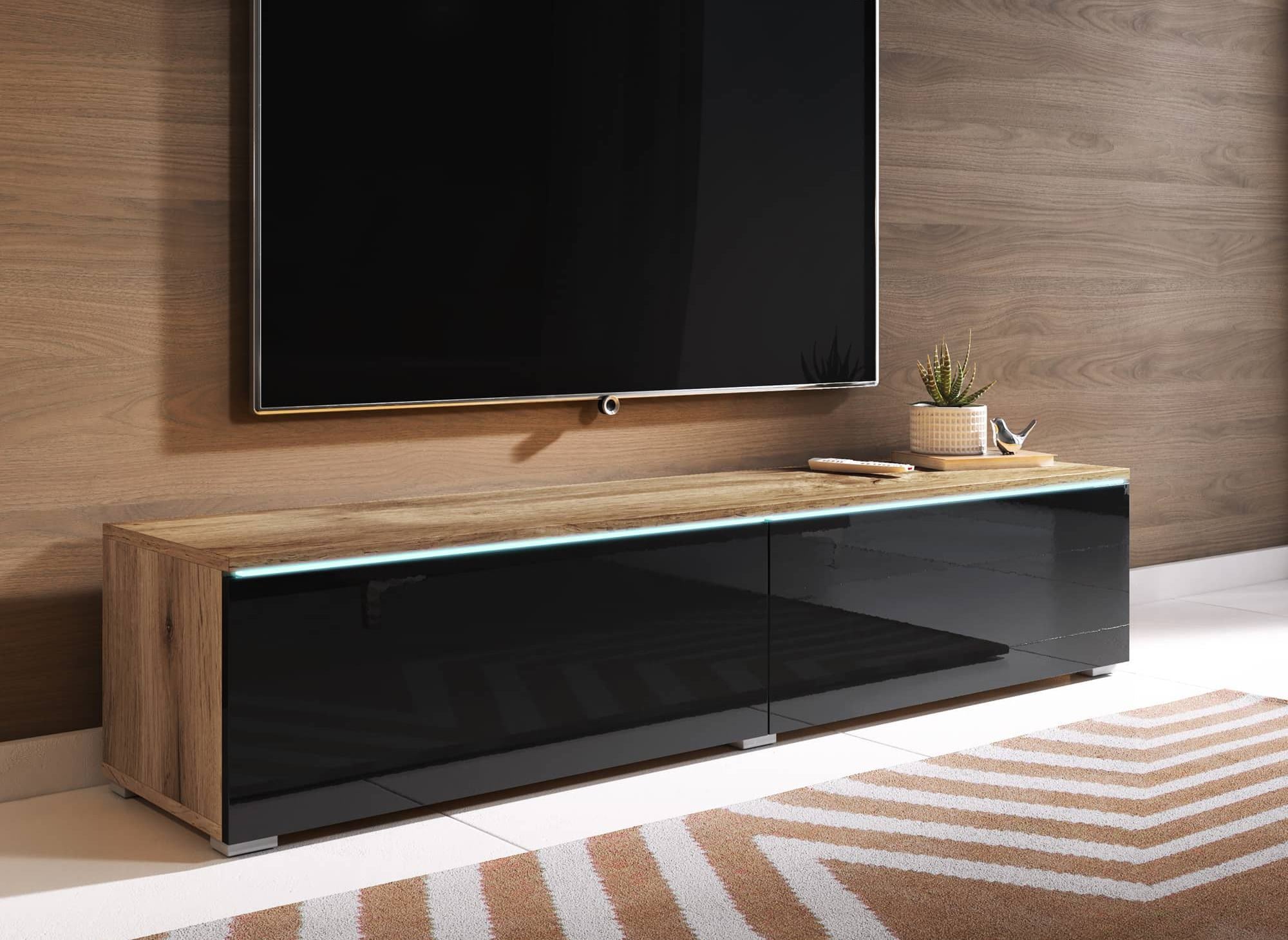 MALORIE 2-türiger TV-Schrank aus gealterter Eiche und schwarz lackiert mit LED-Beleuchtung - 180 cm