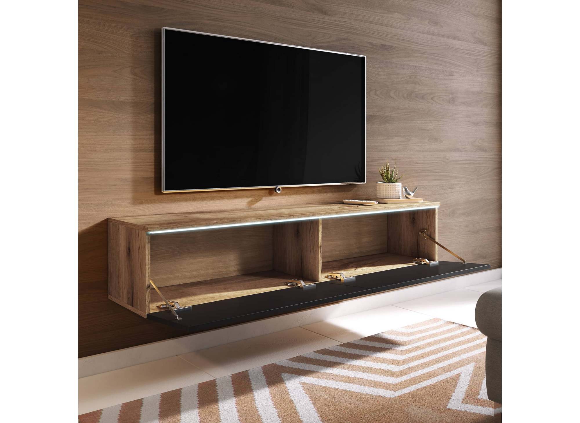 MALORIE 2-türiger TV-Schrank aus gealterter Eiche und schwarz lackiert mit LED-Beleuchtung - 180 cm