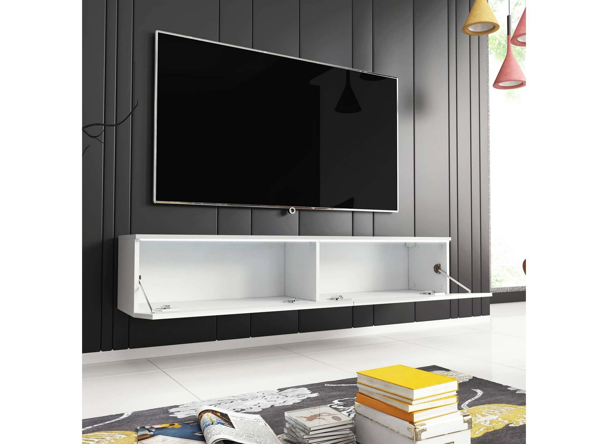 Moderner weiß lackierter TV-Schrank mit LED 2 Türen MALORIE - 180 cm