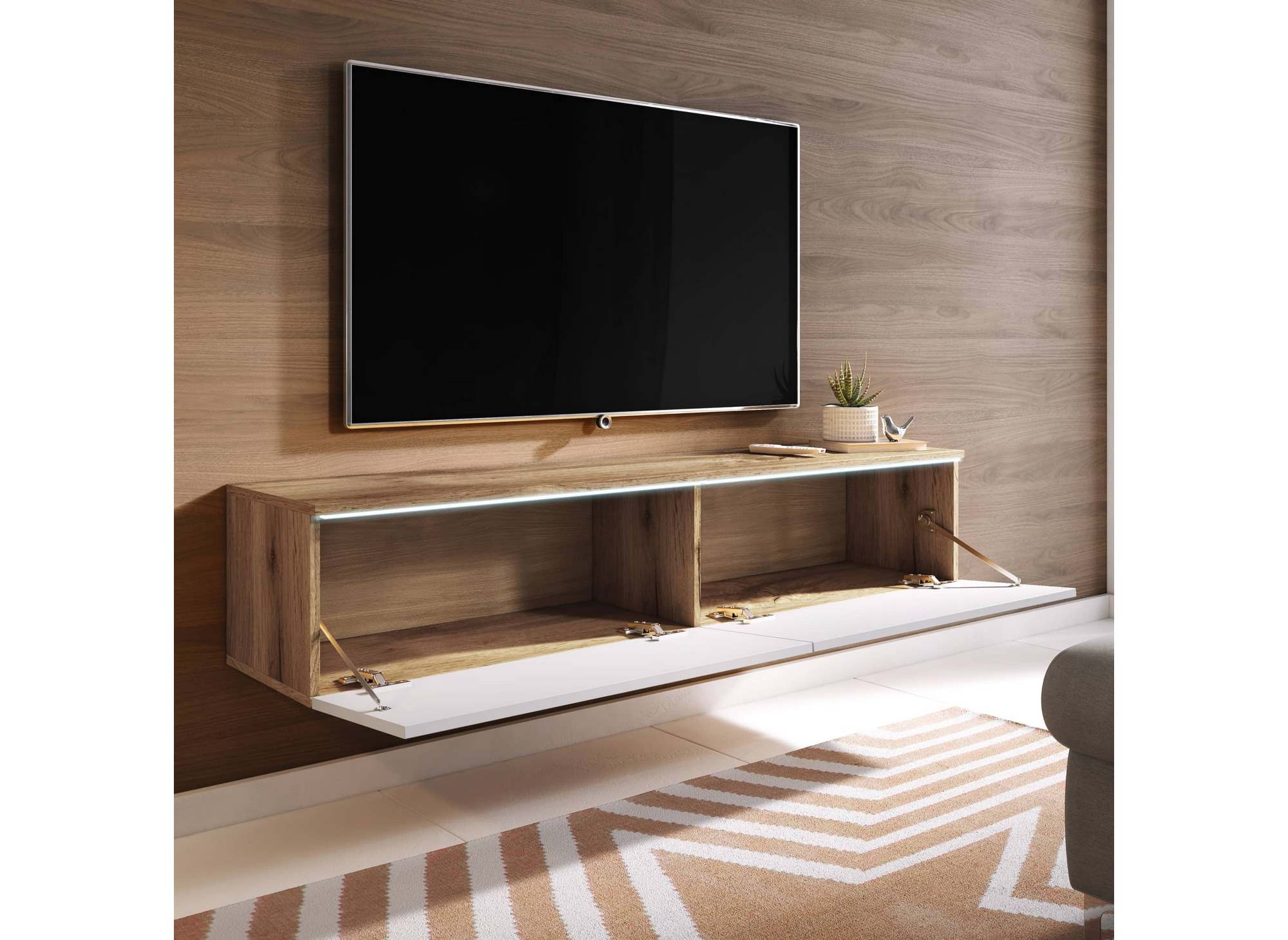 Moderner TV-Schrank aus Eiche und Weiß mit LED, 2 Türen, MALORIE – 180 cm