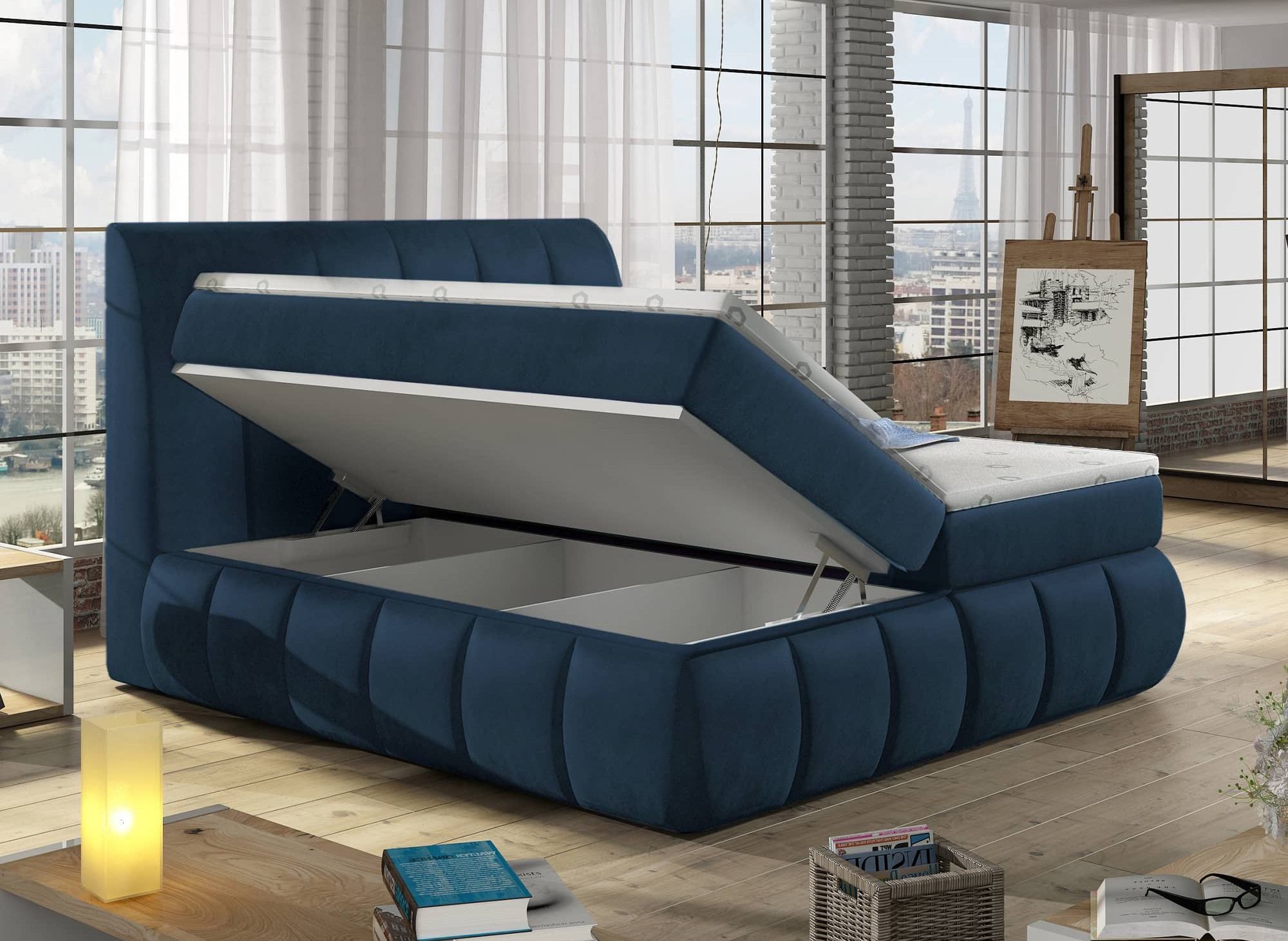 Boxspringbett 140x200 mit Stauraum in dunkelblauem Samt - VALERIA