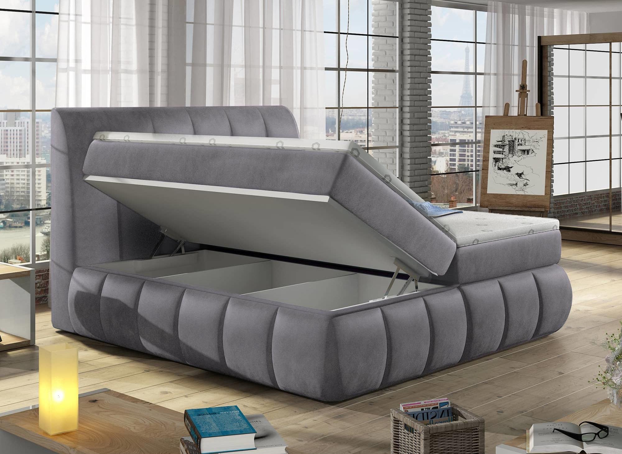 Boxspringbett 140x200 mit Stauraum in grauem Samt - VALERIA