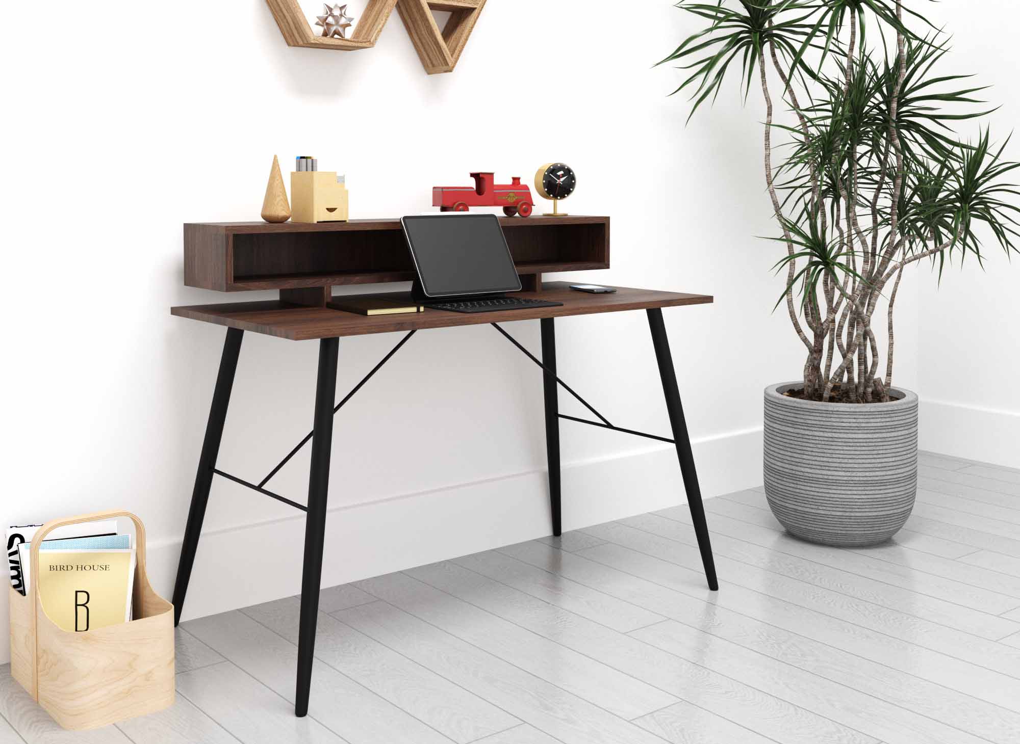 Schreibtisch im Industriestil MARLINE mit Nischen aus Holz und schwarzem Metall