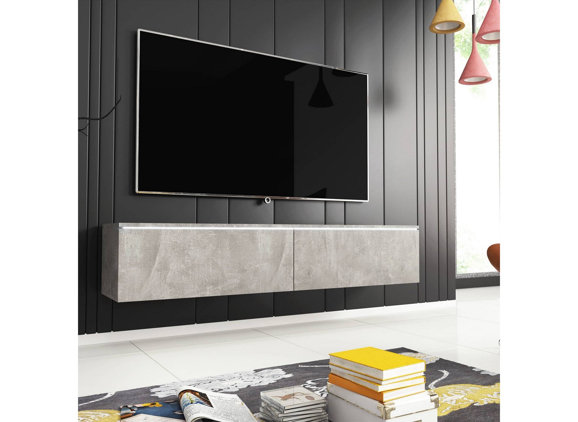 MALORIE moderner TV-Schrank in Betongrau mit LEDs und 2 Türen – 180 cm