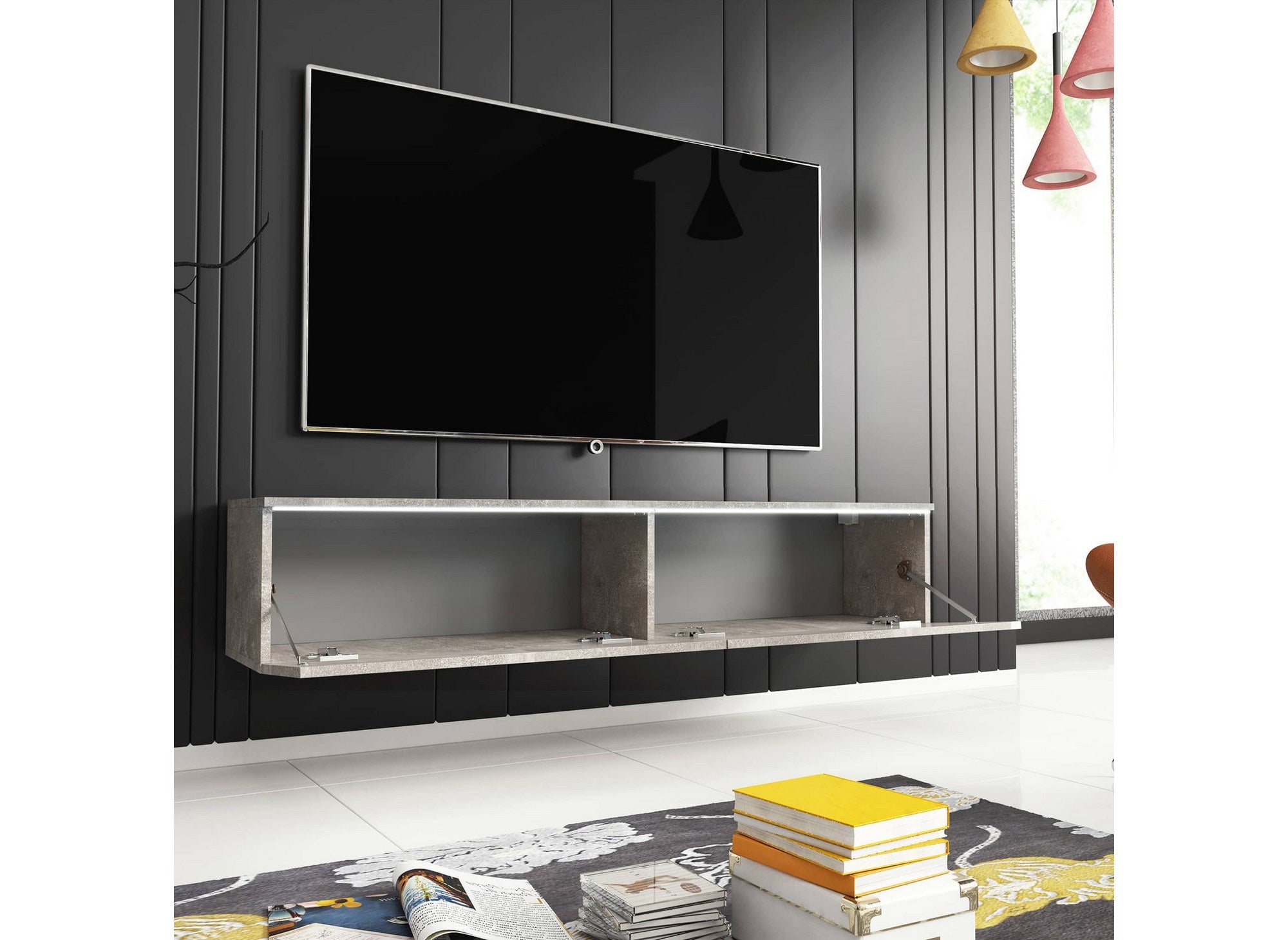 MALORIE moderner TV-Schrank in Betongrau mit LEDs und 2 Türen – 180 cm