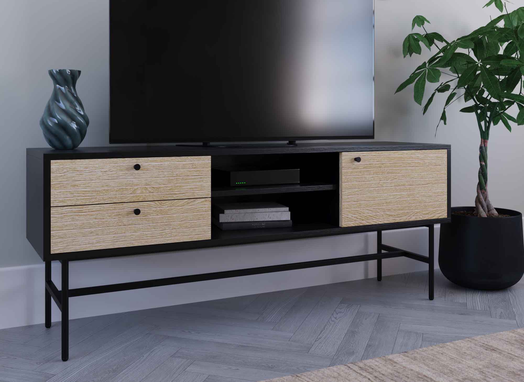 DARYL TV-Schrank mit 2 Schubladen und 1 Tür aus Holz und schwarzem Metall