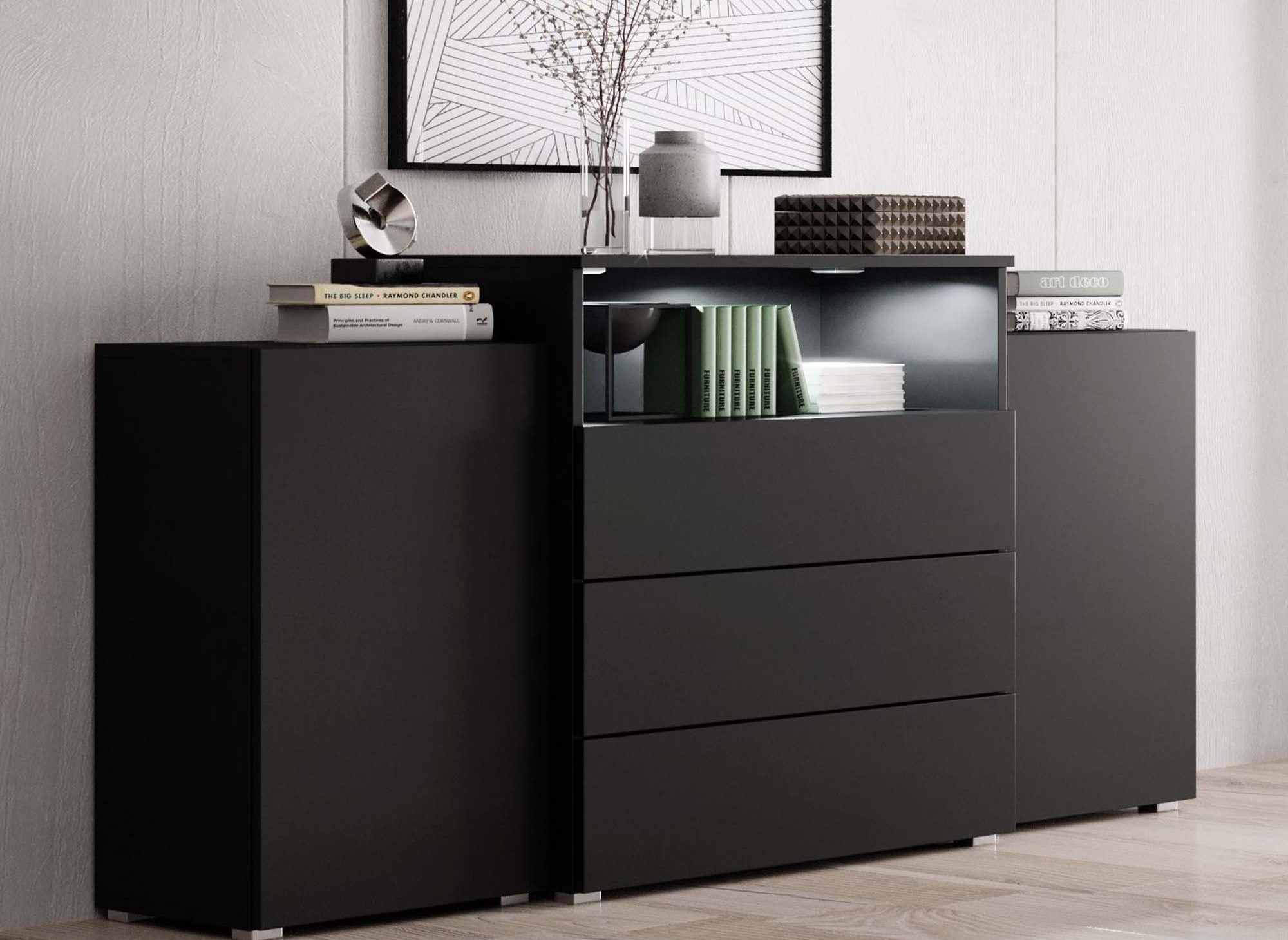 MARCEL Sideboard mit 2 Türen und 3 Schubladen, schwarz, mit LED-Beleuchtung