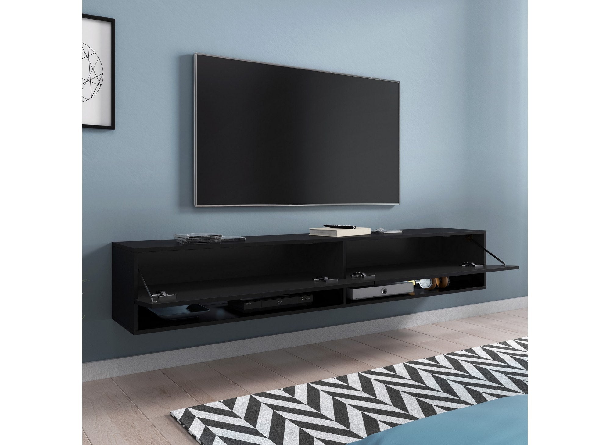 ROMANE XXL schwarzer TV-Wandschrank mit 2 Türen und 2 Nischen - 180 cm