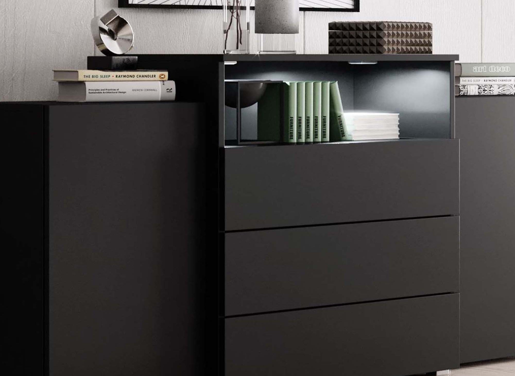 MARCEL Sideboard mit 2 Türen und 3 Schubladen, schwarz, mit LED-Beleuchtung