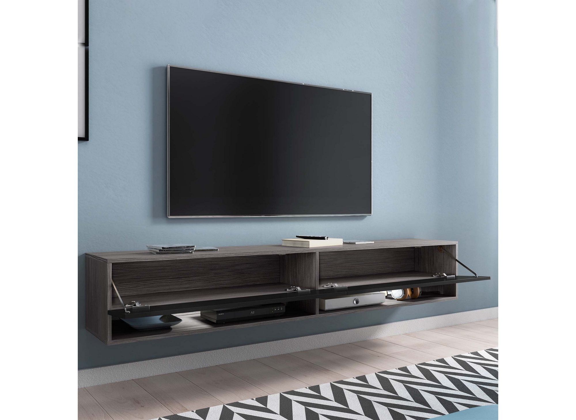 ROMANE XXL TV-Wandschrank mit 2 Türen und 2 Nischen, dunkelgrau und schwarz – 180 cm