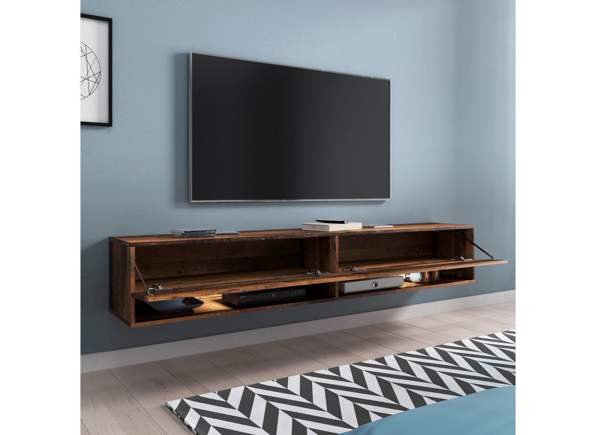 ROMANE XXL TV-Wandschrank mit 2 Türen und 2 Nischen aus gealterter Eiche – 180 cm
