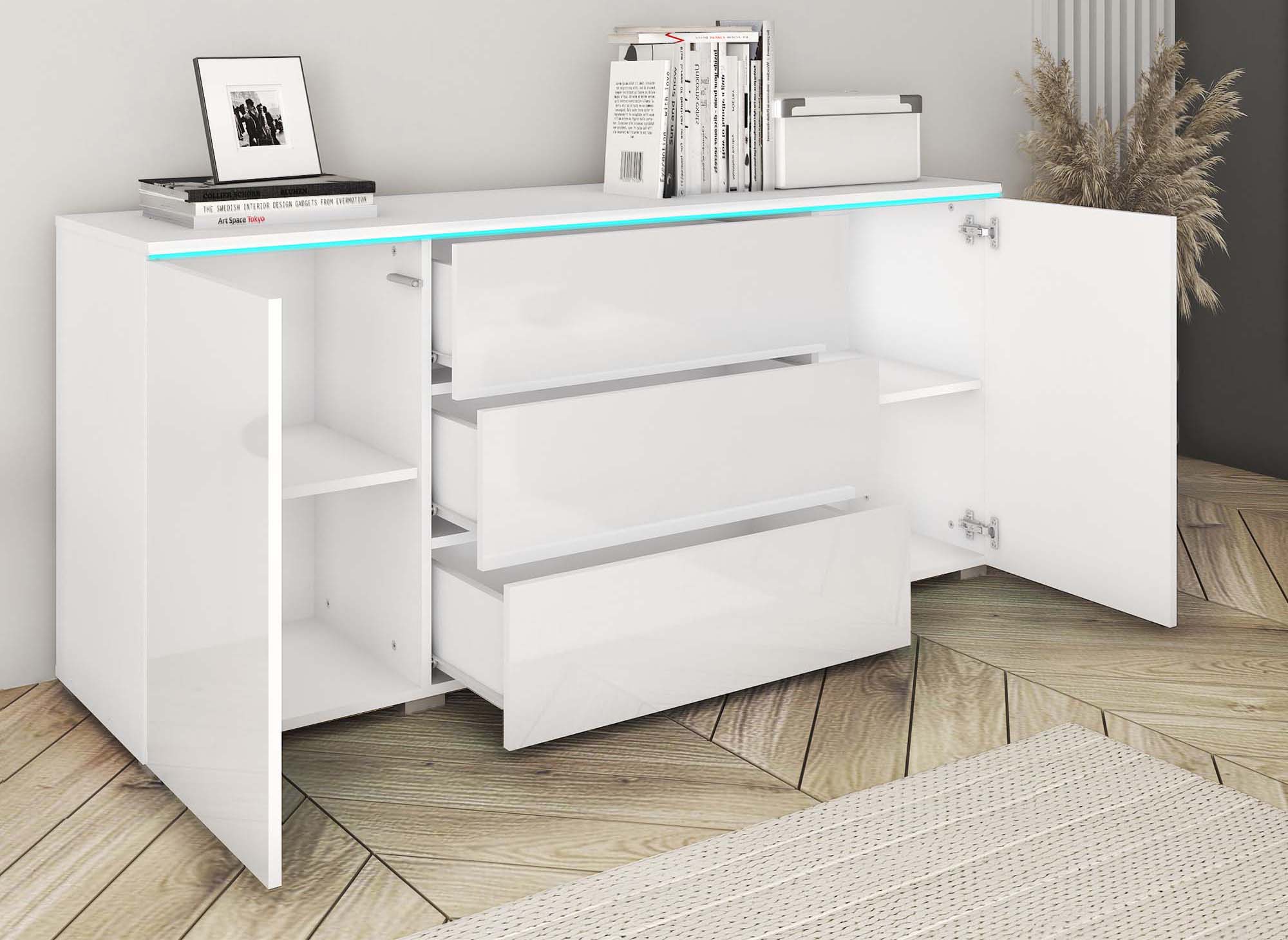Weißes Sideboard mit 2 Türen und 3 Schubladen und LED - ALEXIA