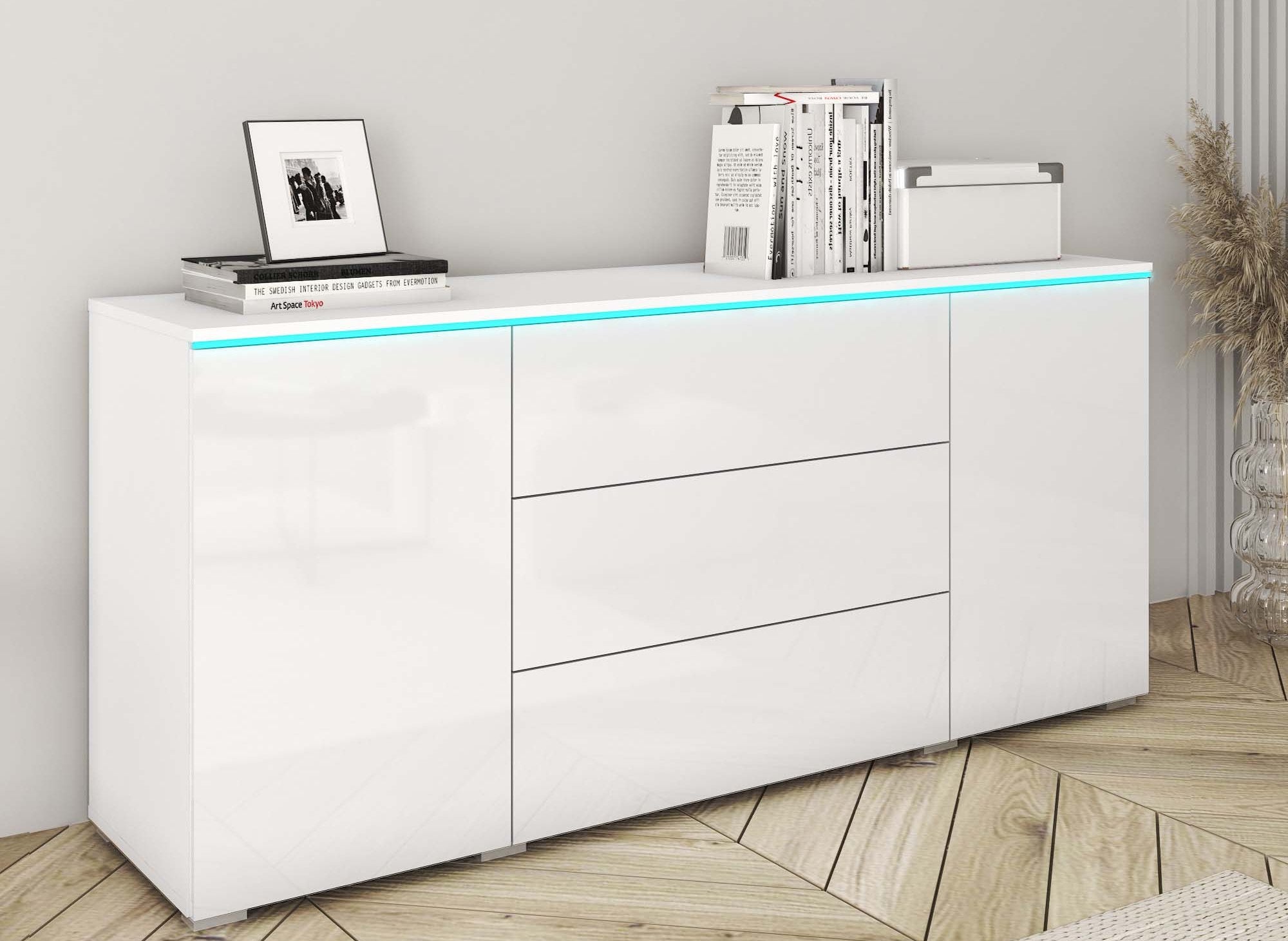 Weißes Sideboard mit 2 Türen und 3 Schubladen und LED - ALEXIA