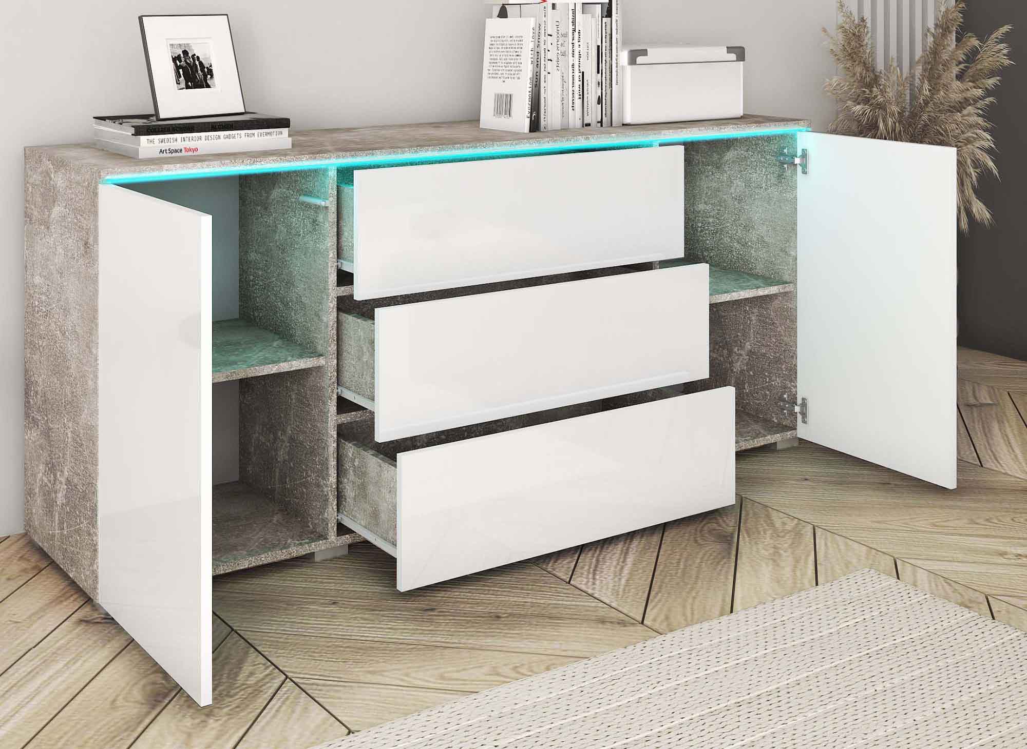 ALEXIA Sideboard mit 2 Türen, 3 Schubladen, Weiß und Beton, mit LEDs