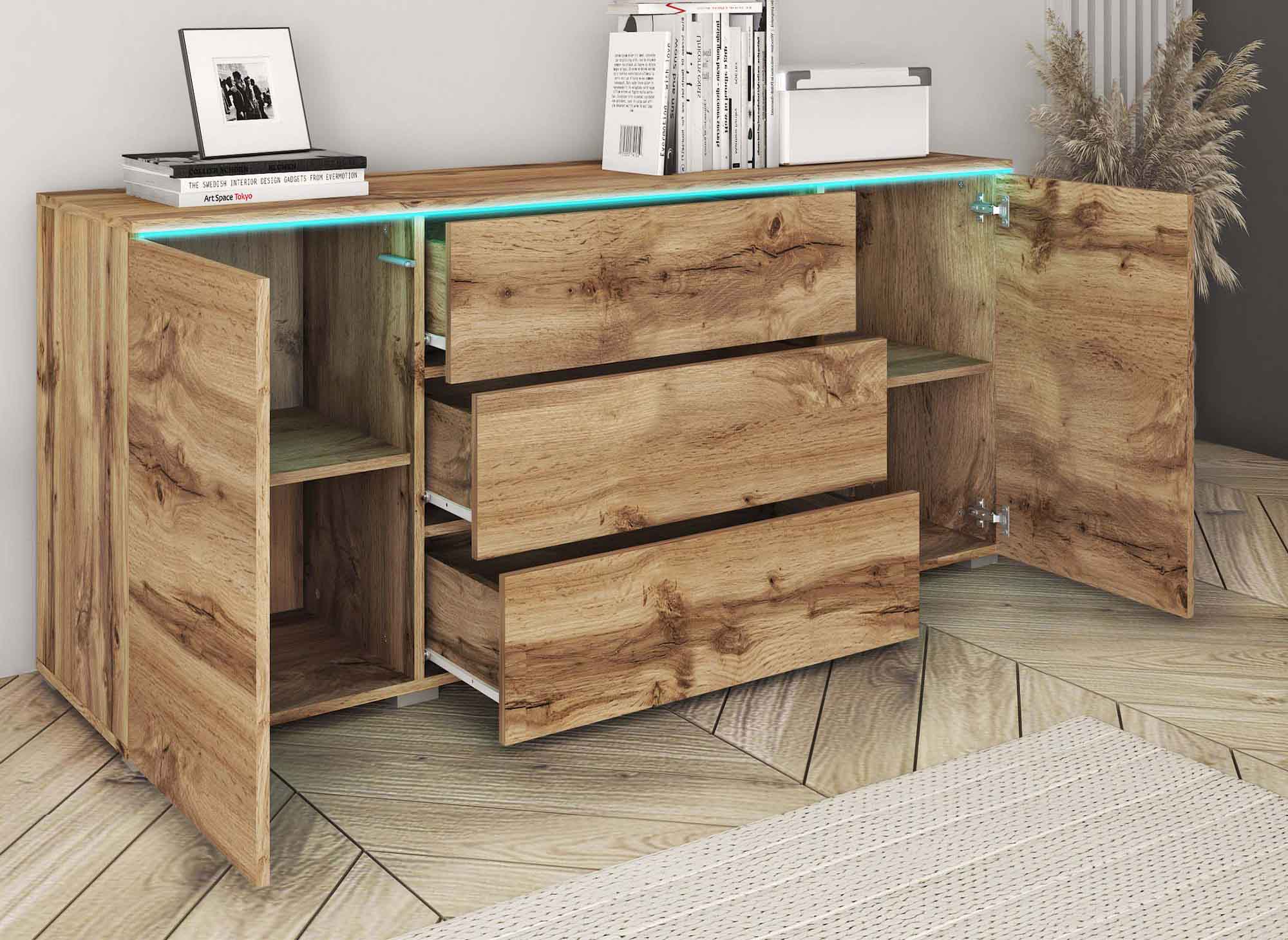 ALEXIA Sideboard aus Eiche mit 2 Türen und 3 Schubladen und LEDs