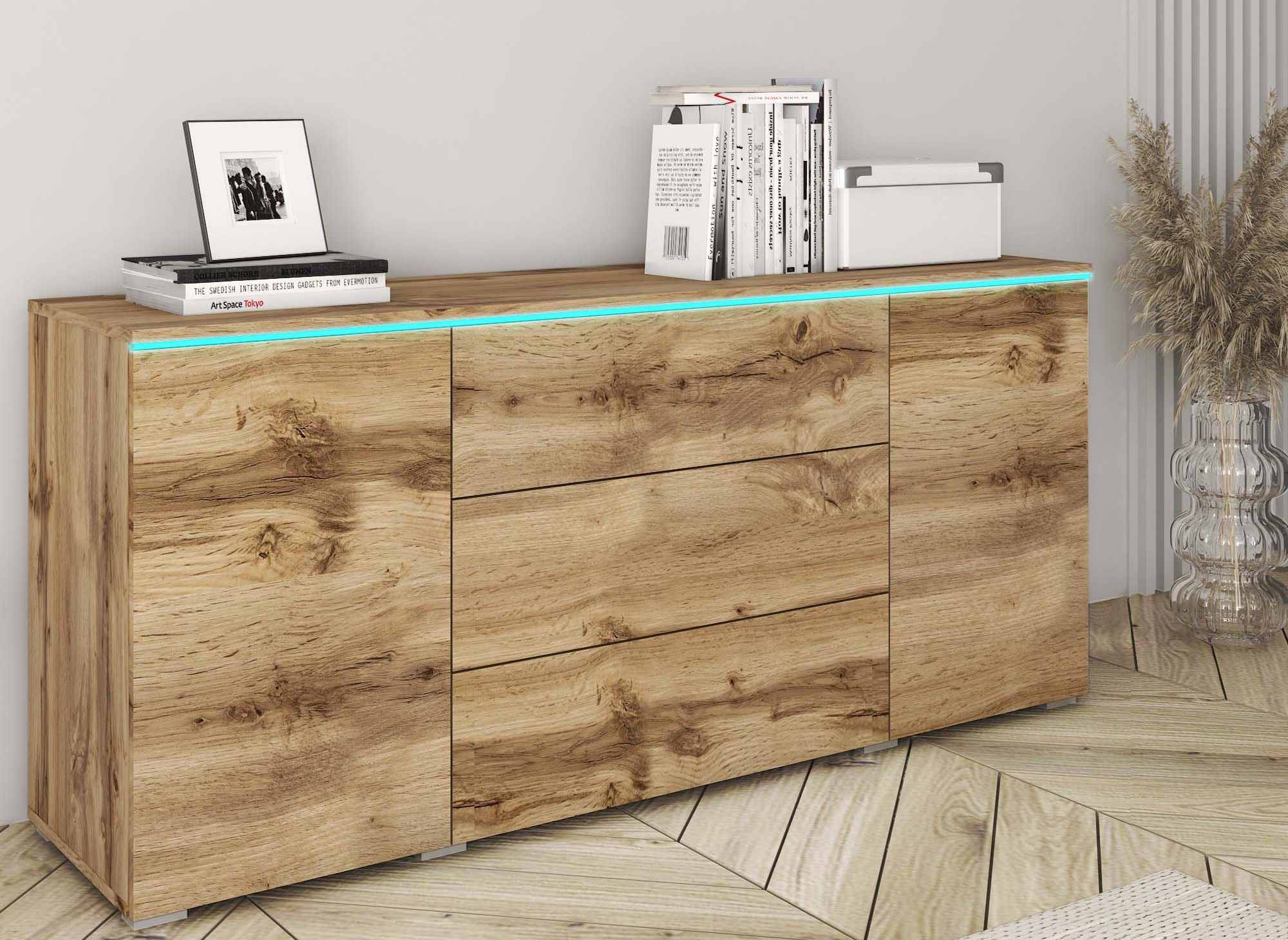 ALEXIA Sideboard aus Eiche mit 2 Türen und 3 Schubladen und LEDs