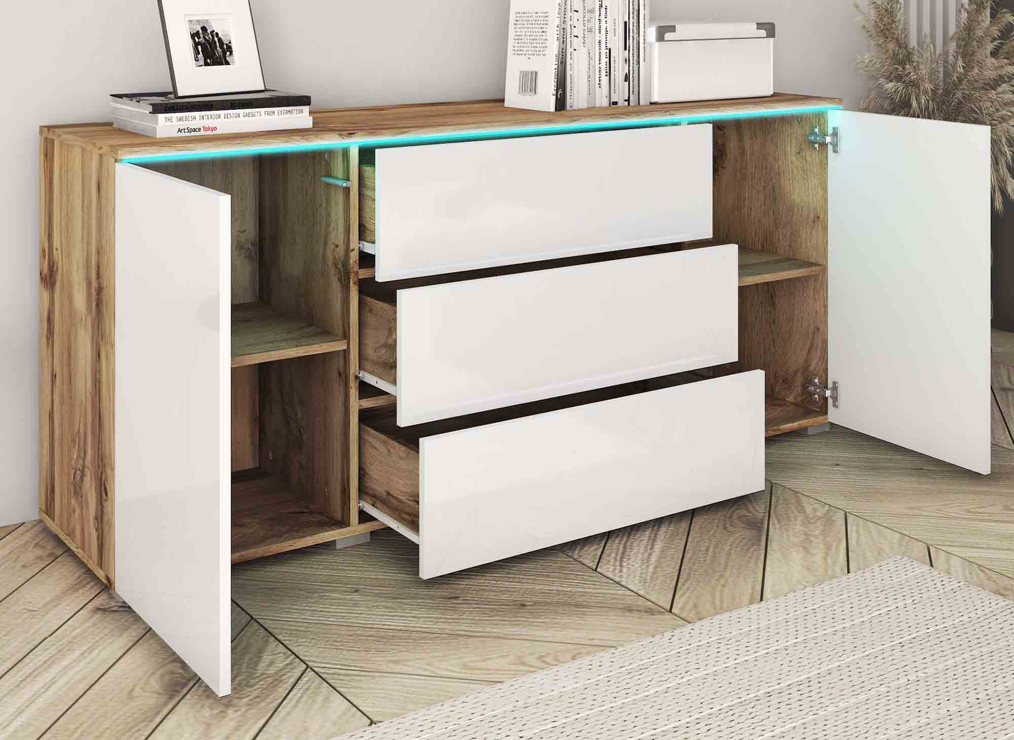 ALEXIA Sideboard mit 2 Türen, 3 Schubladen aus Eiche und Weiß mit LEDs