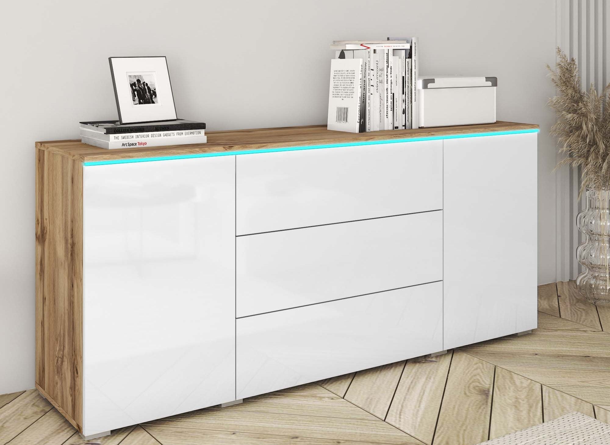ALEXIA Sideboard mit 2 Türen, 3 Schubladen aus Eiche und Weiß mit LEDs