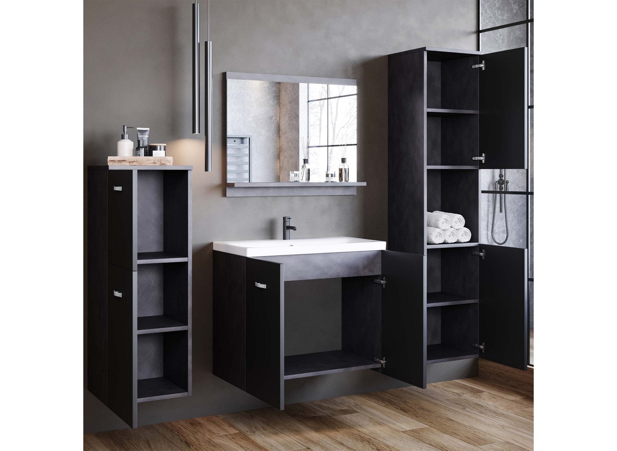 ALBY Hängendes Designer-Badmöbel-Set - Anthrazitgrau und Schwarz